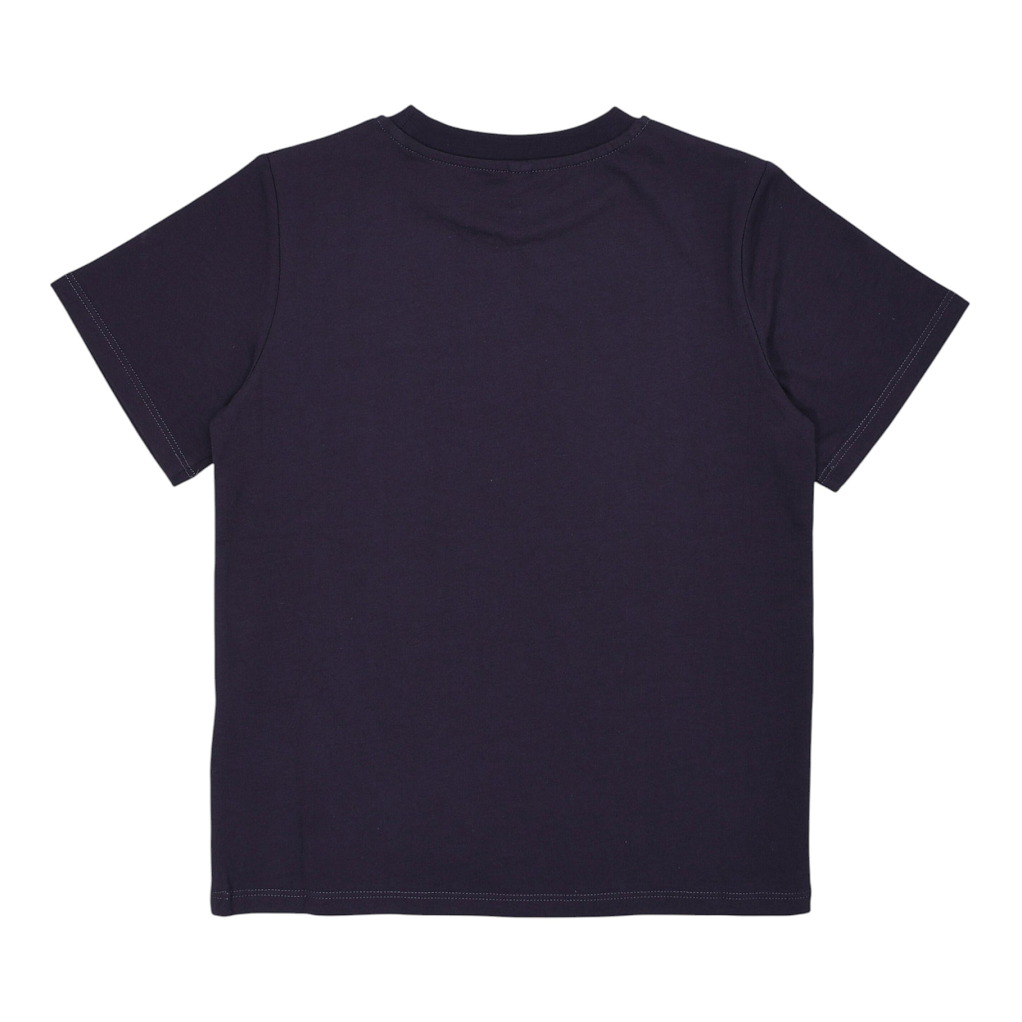 Dark blue short-sleeved crew neck t-shirt with visible stitching along the hem, sleeve cuffs, and collar.
