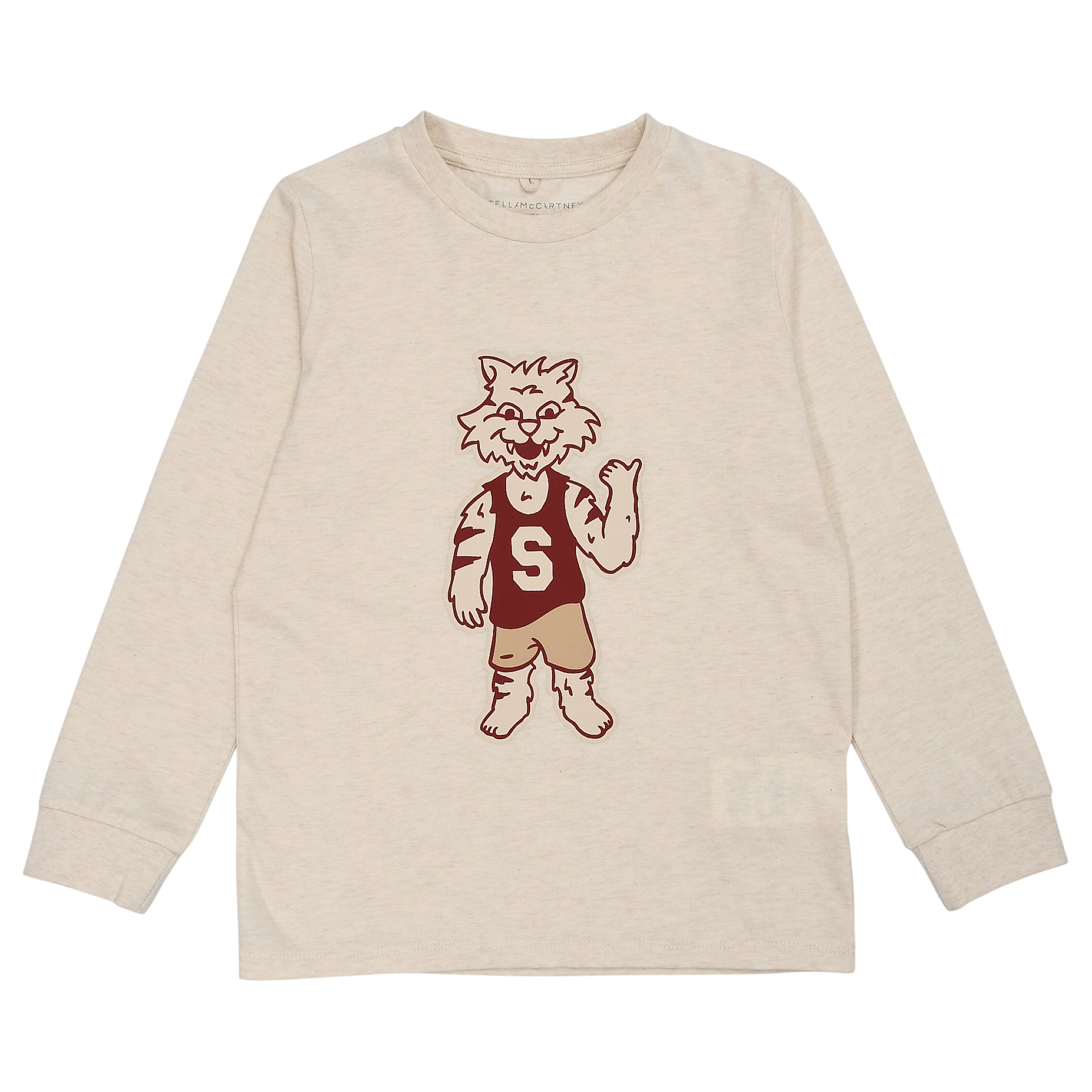 Beige long-sleeve T-shirt with a brown and cream cartoon tiger graphic on the front.