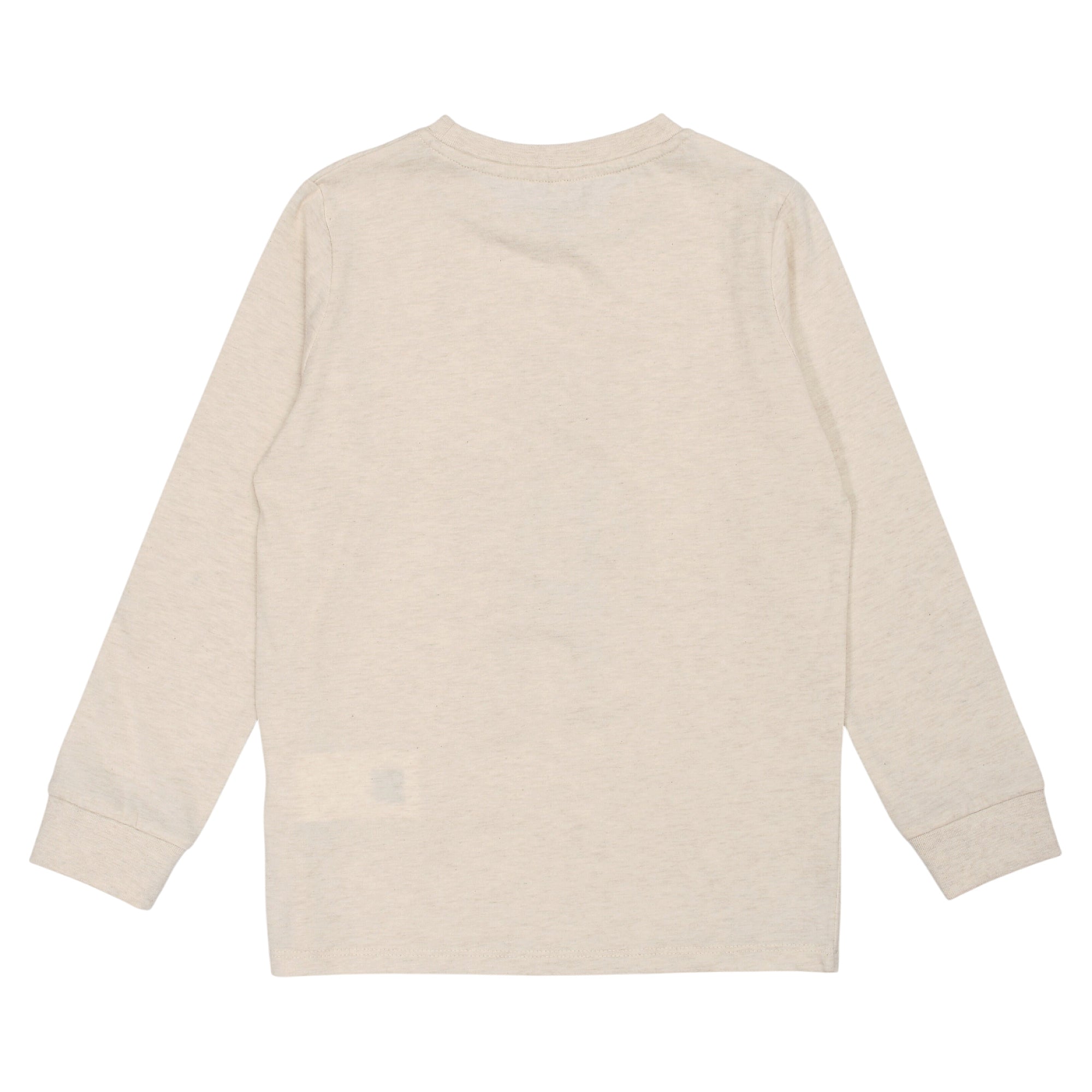Back view of a heathered beige long-sleeved t-shirt with a crew neck and ribbed cuffs.