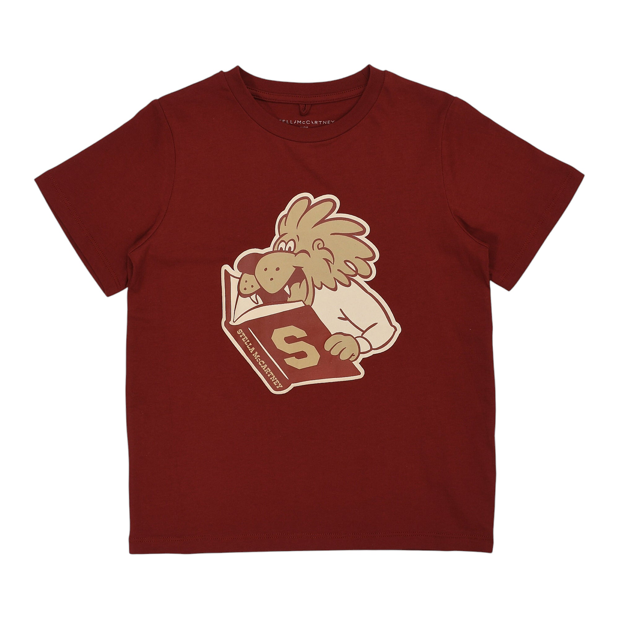 Burgundy short-sleeved T-shirt with a crew neck and a beige and brown graphic print of a lion reading a book.