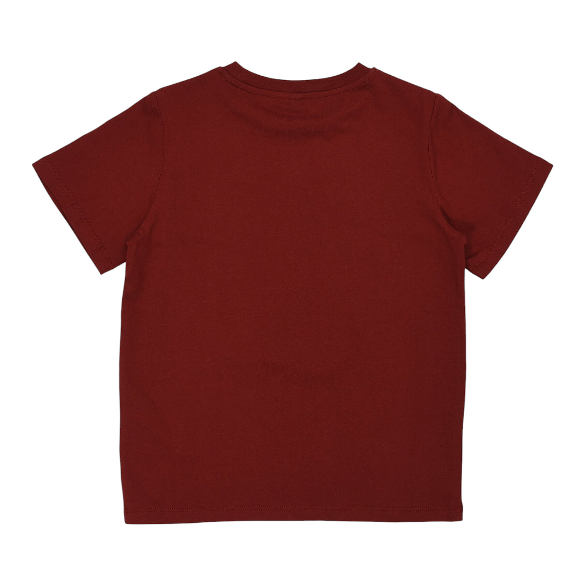 Burgundy short-sleeved t-shirt with a ribbed crew neck and straight hem, plain on the back.