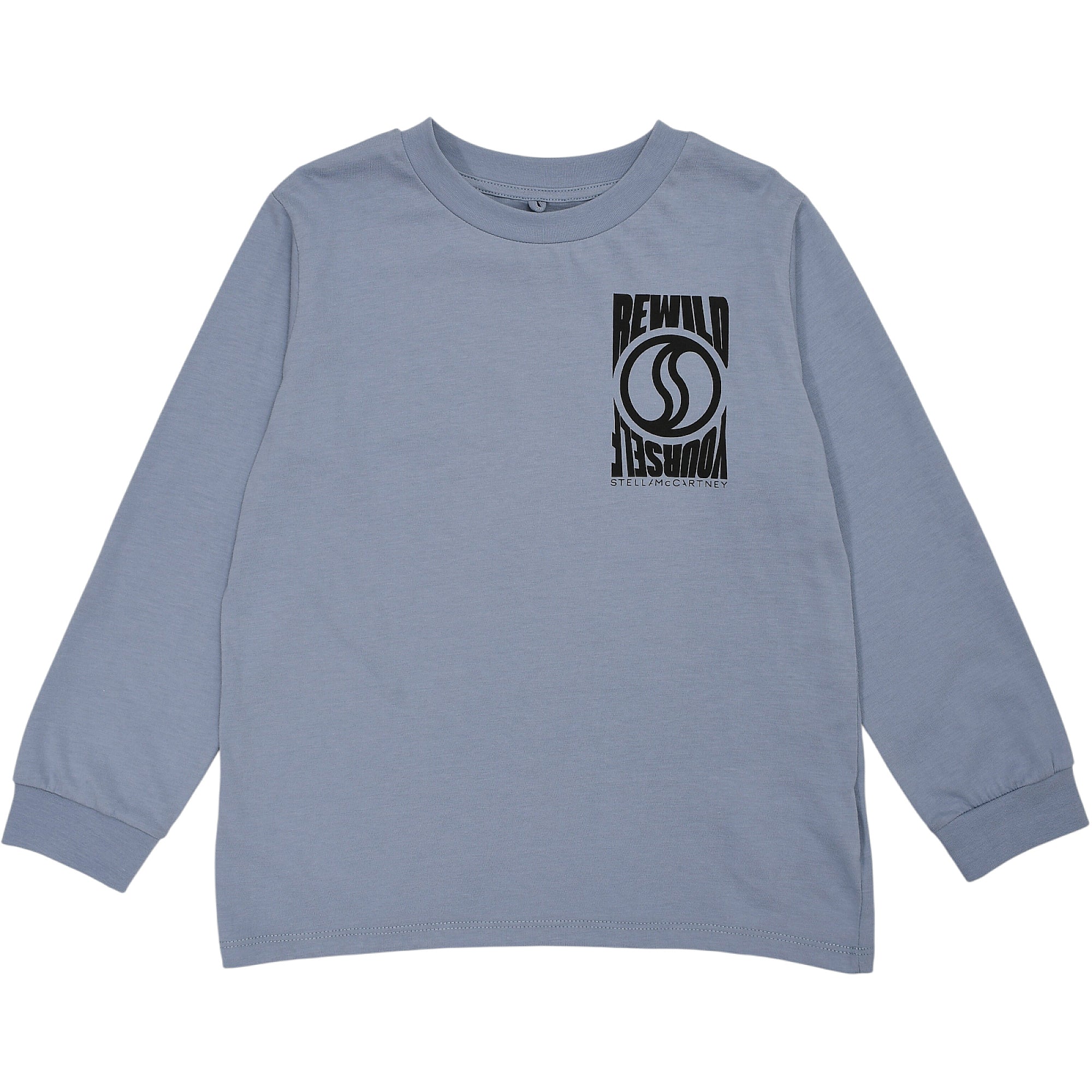 Blue long-sleeved T-shirt with a black 'REWILD YOURSELF' graphic print and Stella McCartney logo on the chest.