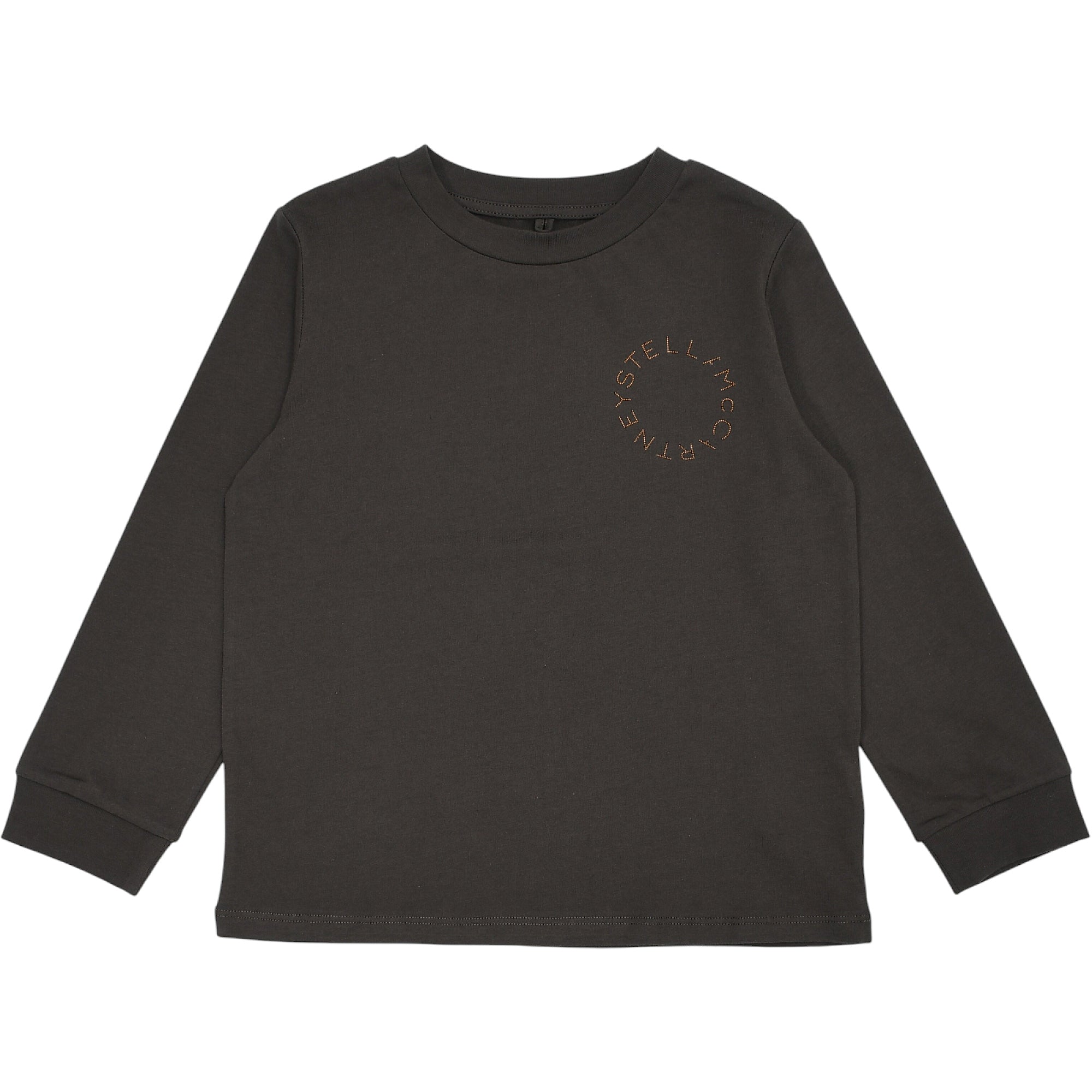Brown long-sleeved T-shirt with a crew neck, ribbed cuffs, and a circular Stella McCartney logo on the left chest.