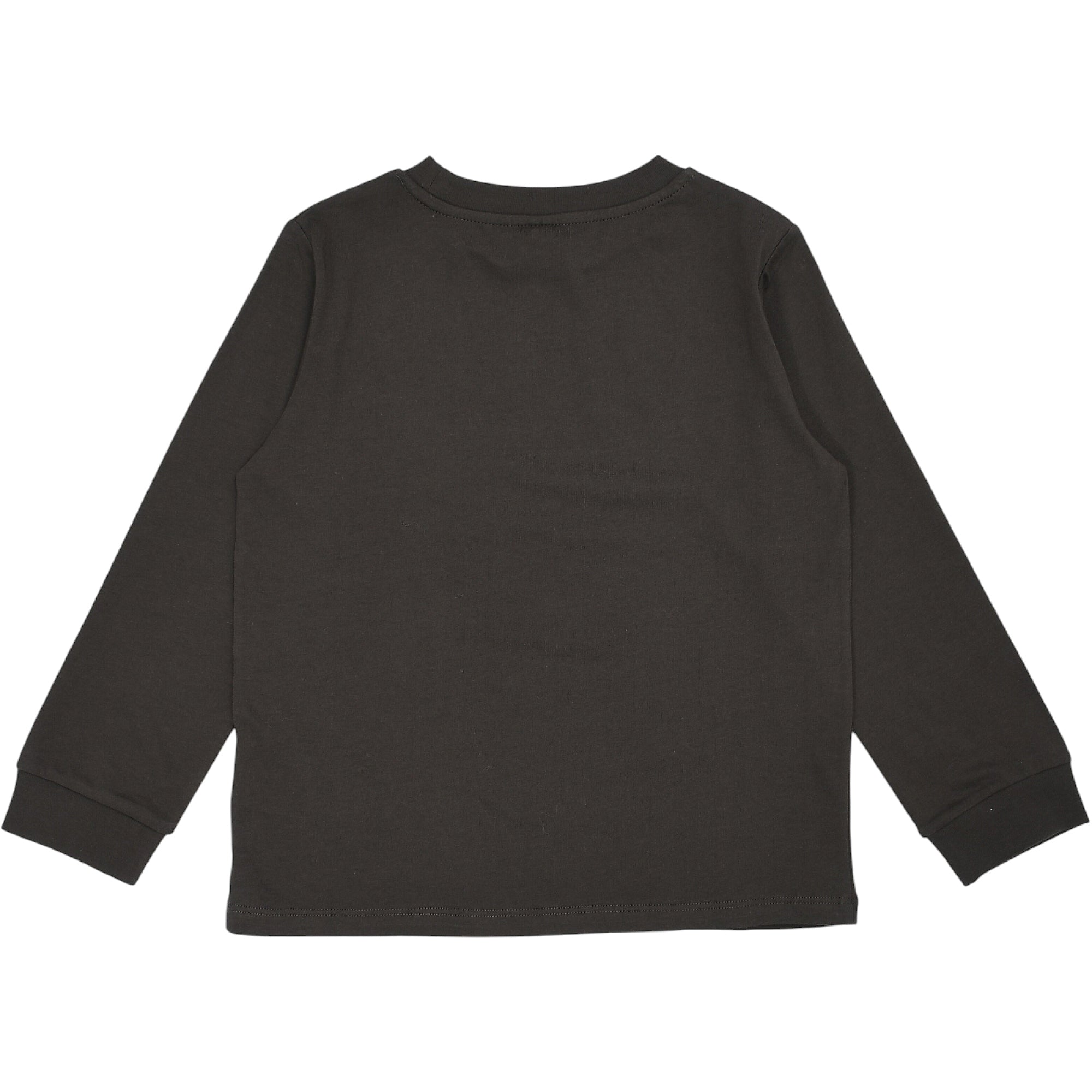 Dark brown long-sleeved t-shirt with a crew neck, ribbed cuffs, and a straight hem.