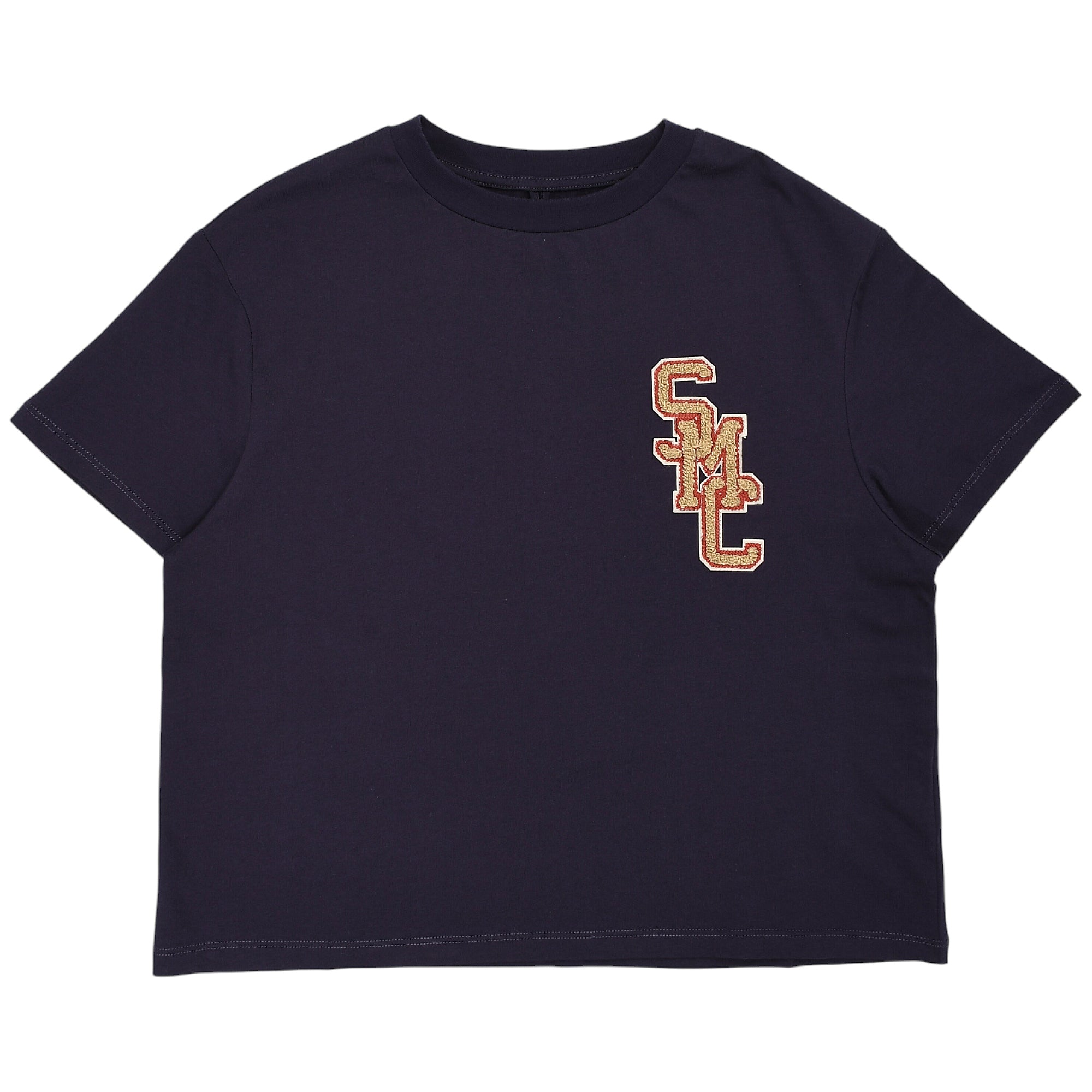 Dark blue short-sleeved T-shirt with a round neck and a textured, interlocking 'SMC' logo appliqué on the left chest.