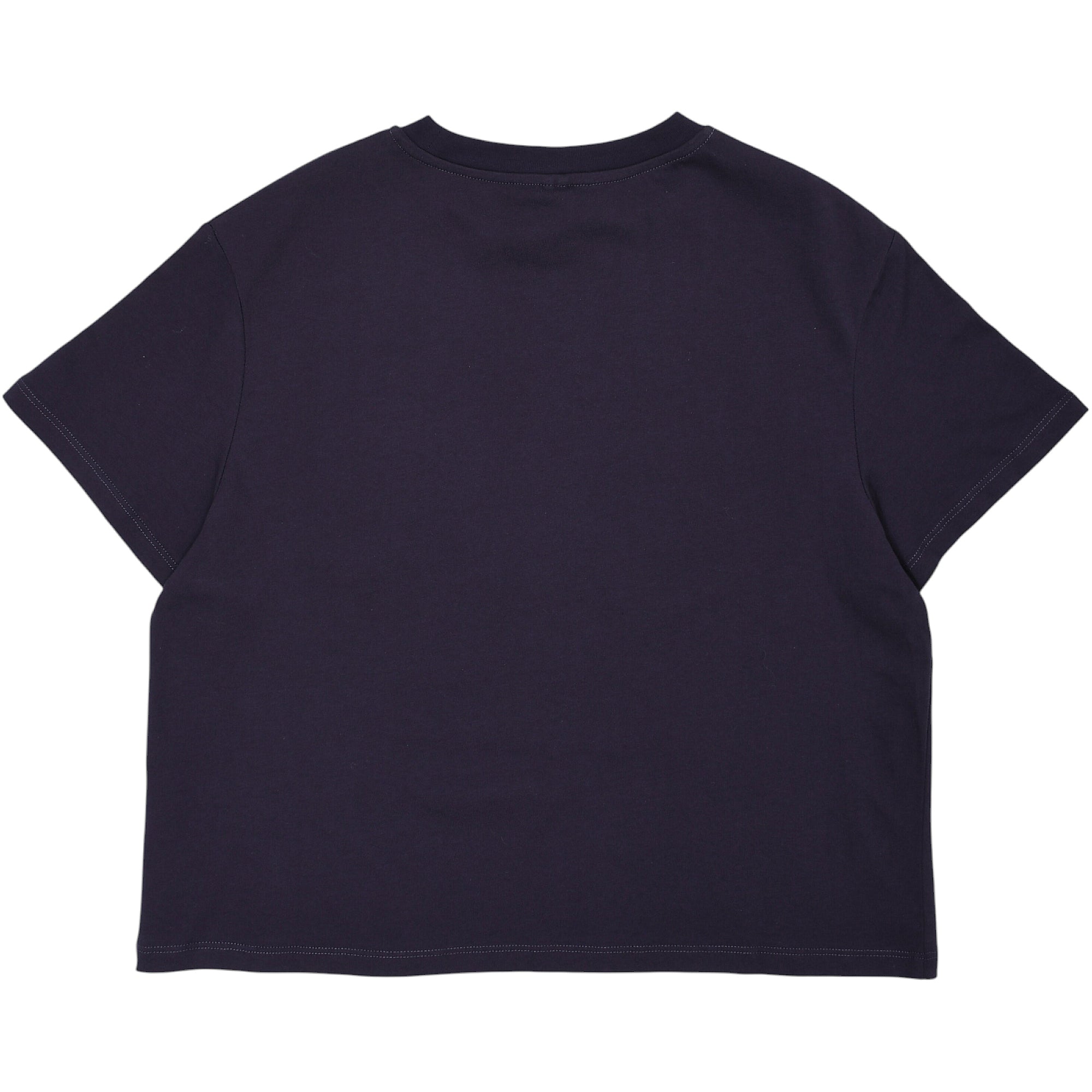Dark blue short-sleeved crew neck t-shirt with visible stitching on the hem and sleeve cuffs.