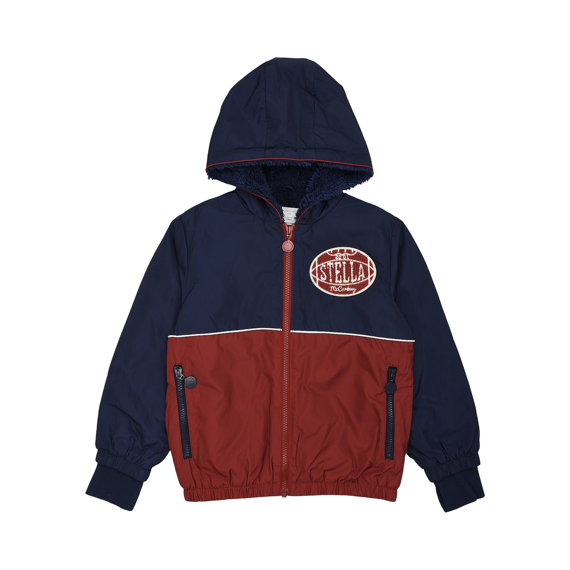Navy and reddish-brown colour-block hooded jacket with white stripe, full zip, front zip pockets, and an oval Stella McCartne
