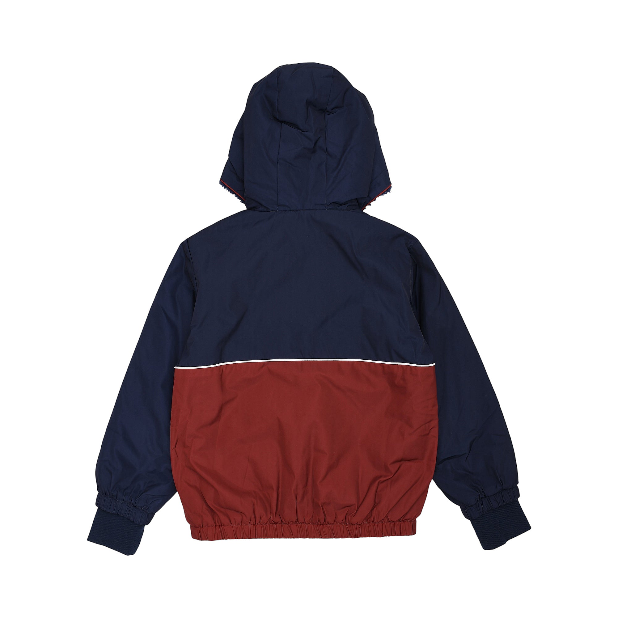 Navy and reddish-brown color-block jacket with a hood, white stripe, and elasticated cuffs and hem.