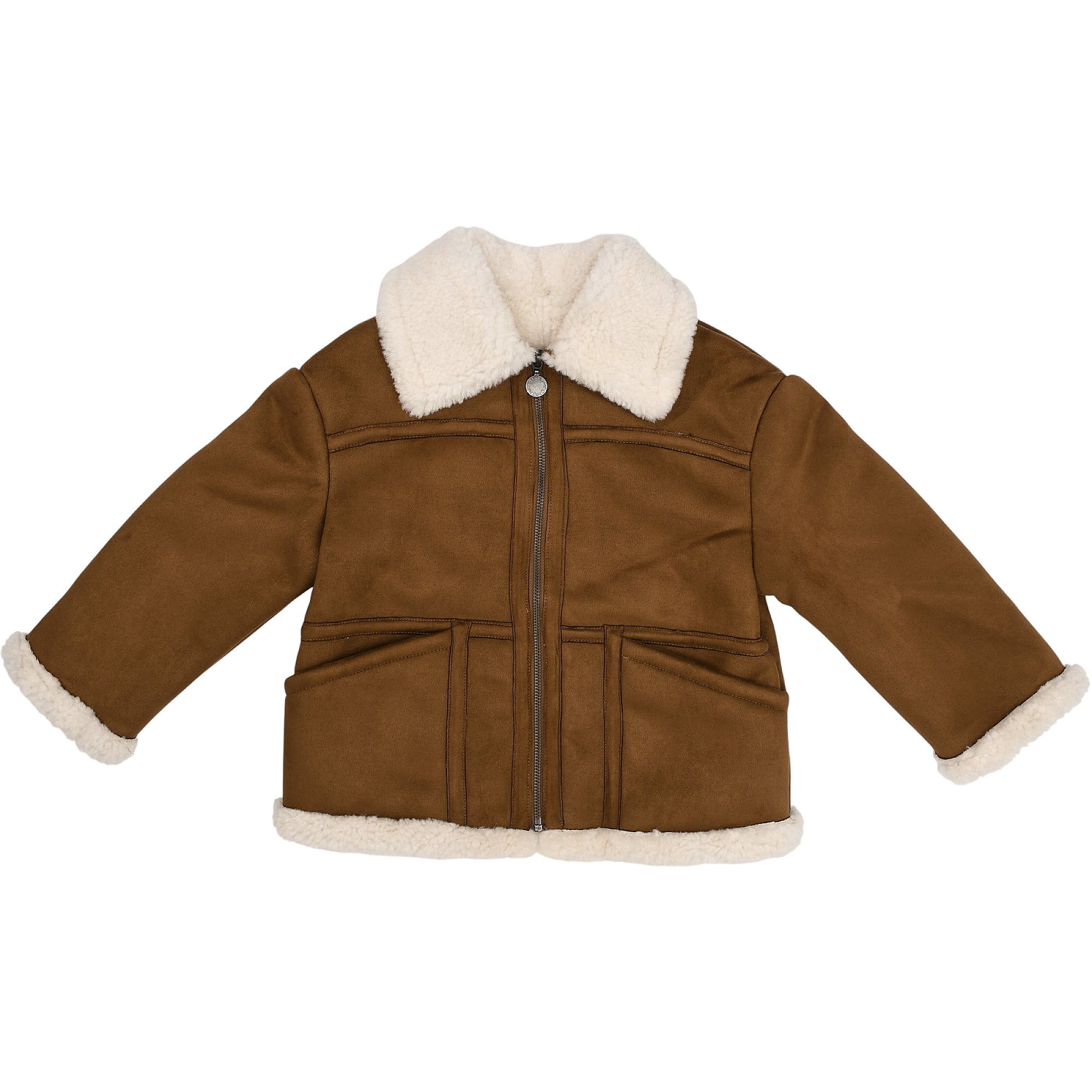 Brown faux suede kids' jacket with off-white faux shearling collar, cuffs, and hem, and a front zip closure.