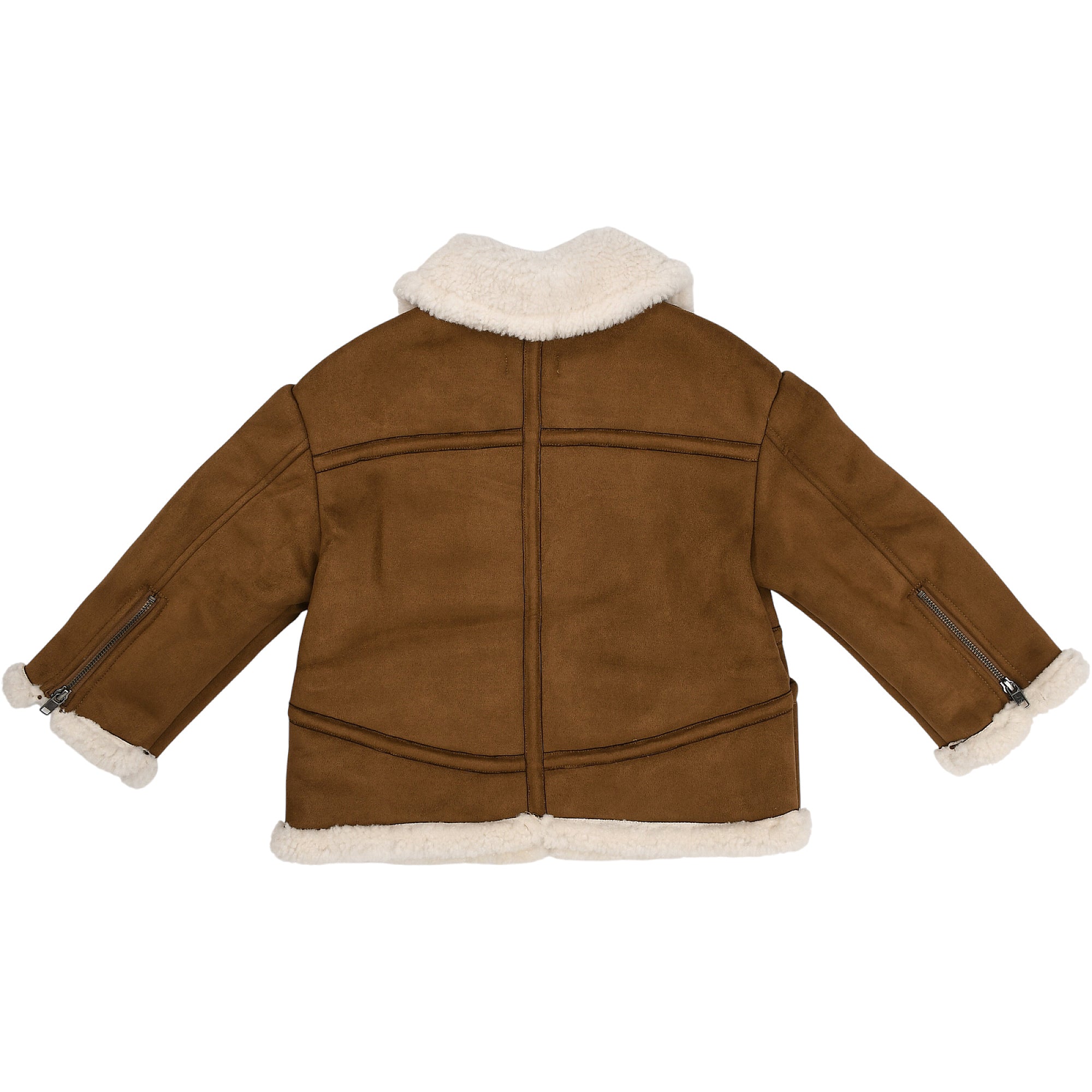 Brown faux suede jacket with cream shearling collar, cuffs, and hem. Features exposed stitching and silver-toned cuff zippers