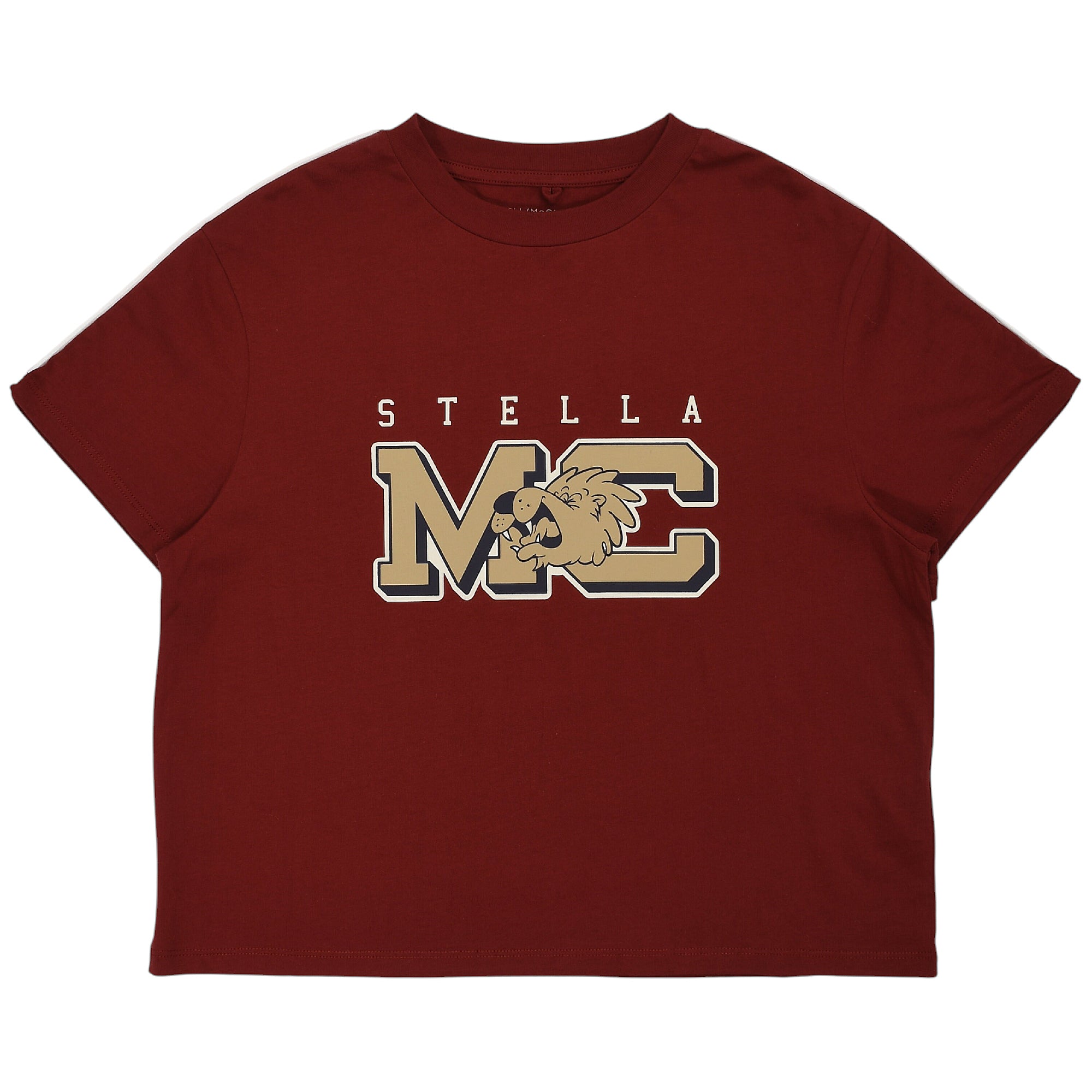 Burgundy short-sleeved T-shirt with a cream and dark brown 'STELLA MC' graphic featuring a lion's head.
