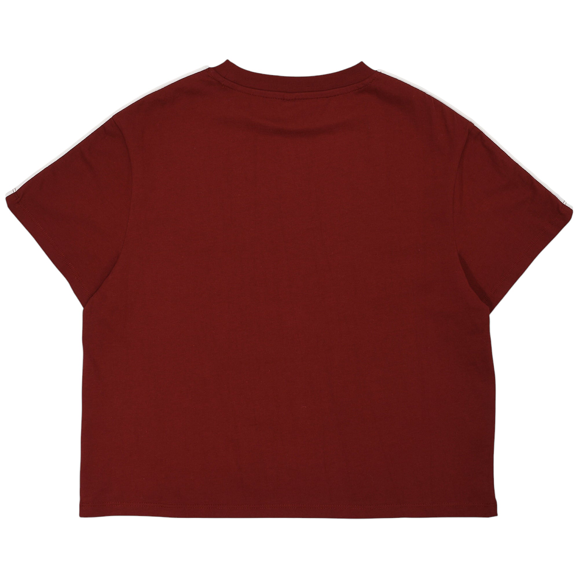 Burgundy short-sleeve t-shirt with a crew neck. White stripes run down the outer edge of both sleeves.