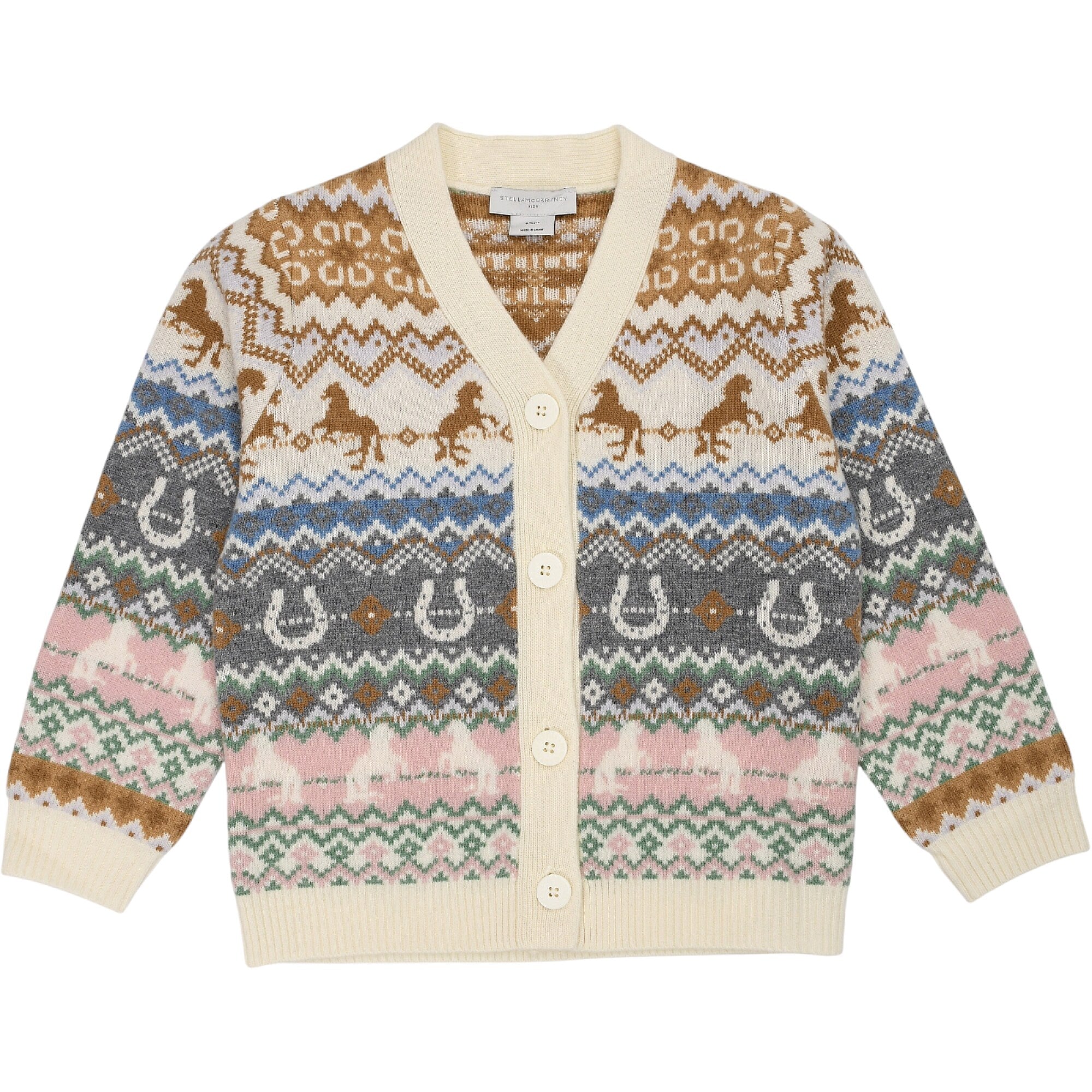 Cream knit cardigan with brown, blue, grey, pink, and green Fair Isle pattern featuring horses and horseshoes.