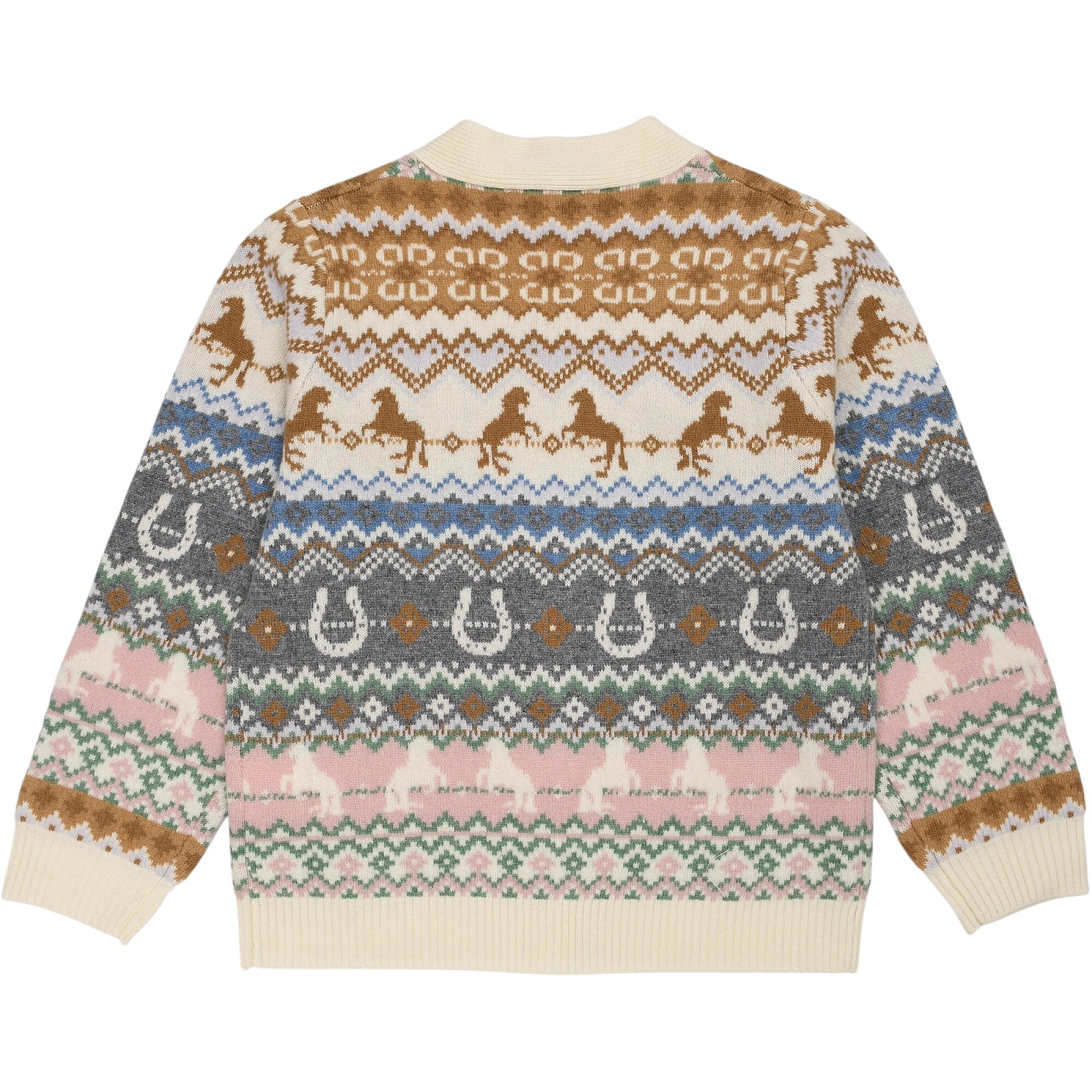 Cream Fair Isle cardigan with brown horses, white horseshoes, and white horses on cream, grey, and pink backgrounds.
