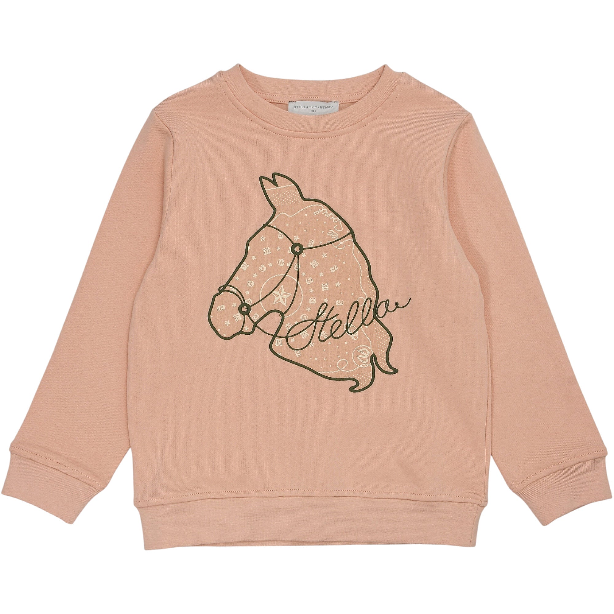 Pink crew-neck sweatshirt with long sleeves, ribbed cuffs and hem, and a dark outline graphic of a horse head.