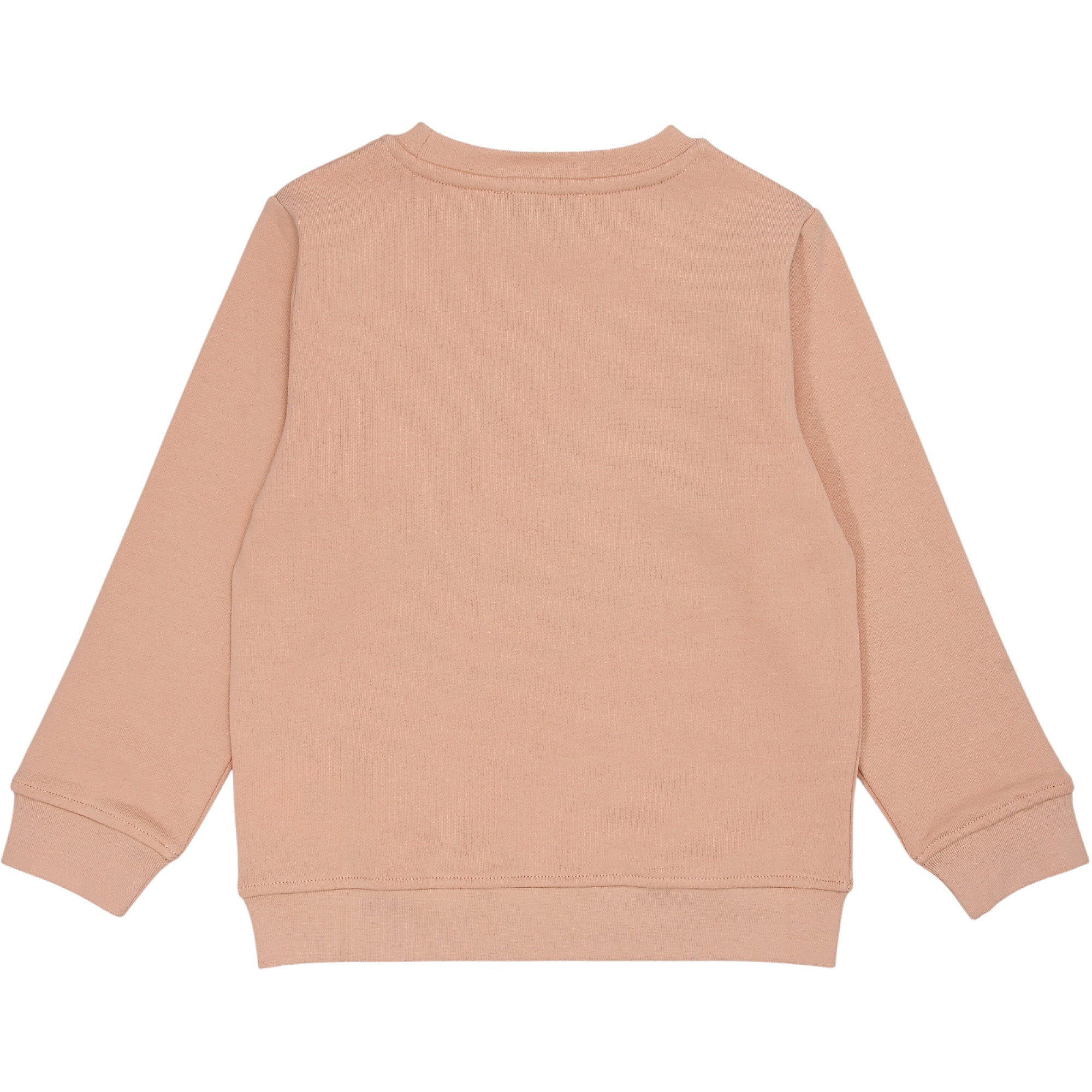 Pink long-sleeved crew neck sweatshirt with ribbed collar, cuffs, and hem. Plain back.