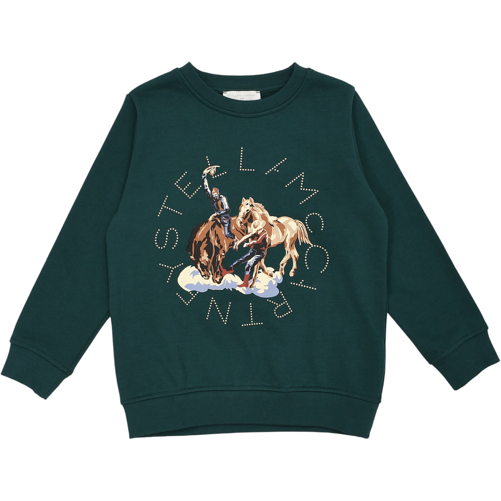 Green crew neck sweatshirt for kids with a large central graphic print depicting a cowboy and two horses.