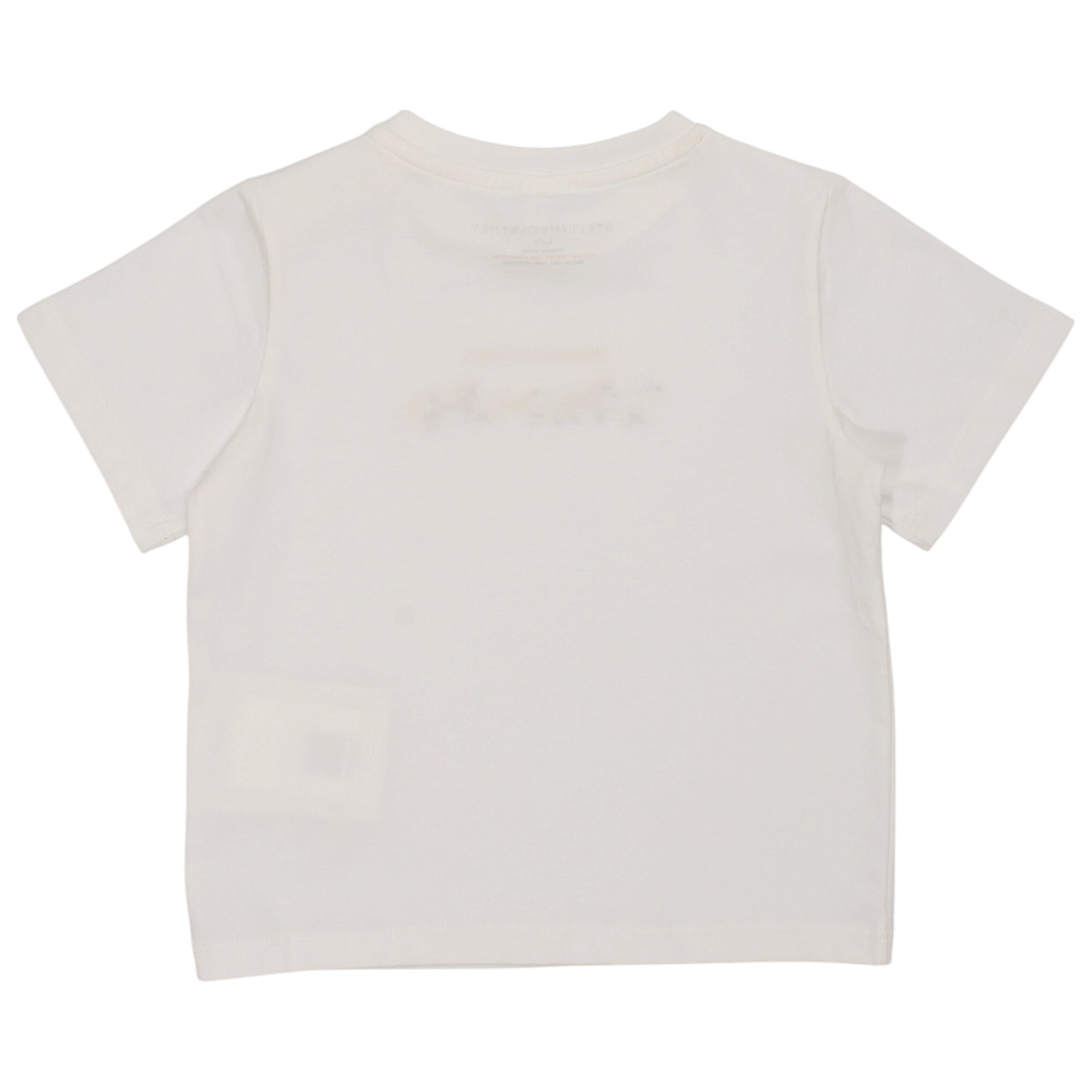 White short-sleeved crew neck t-shirt, back view, with faint inverted text print on the inner back neckline.