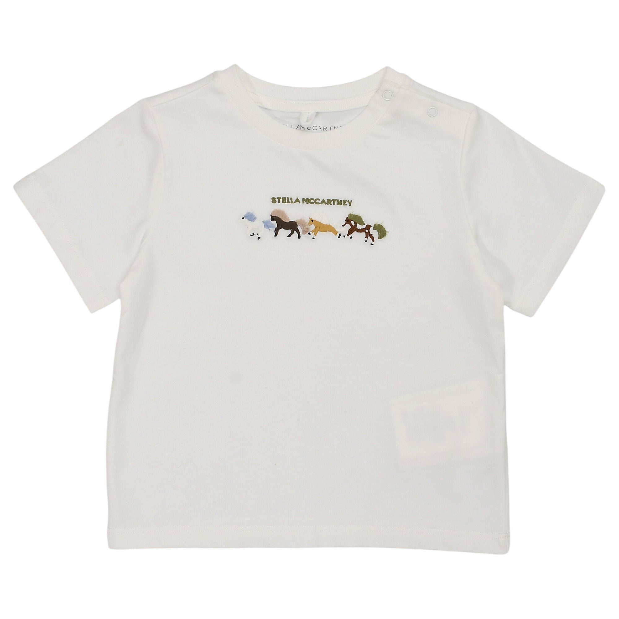 White short-sleeved baby t-shirt with a ribbed crew neck, shoulder popper fastenings, and an embroidered animal graphic on th