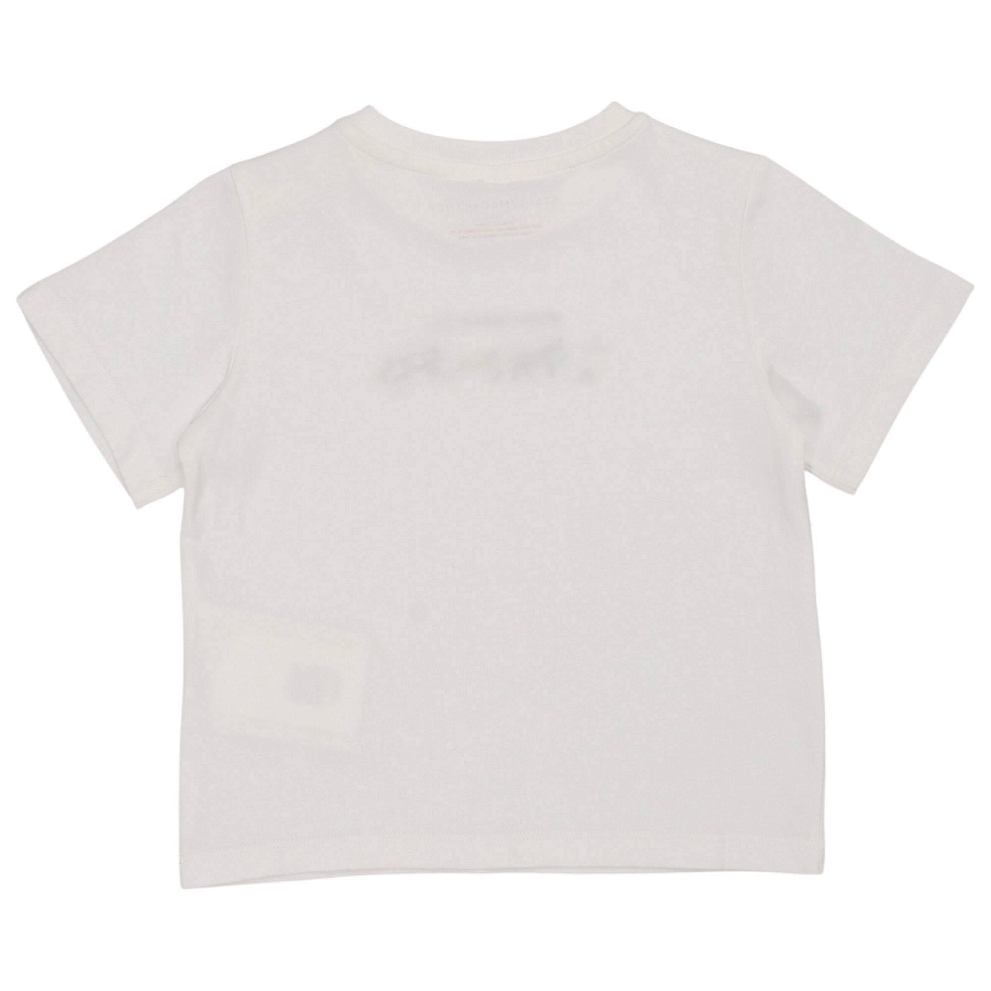 White short-sleeved crew neck t-shirt with a faint dark graphic on the upper back.