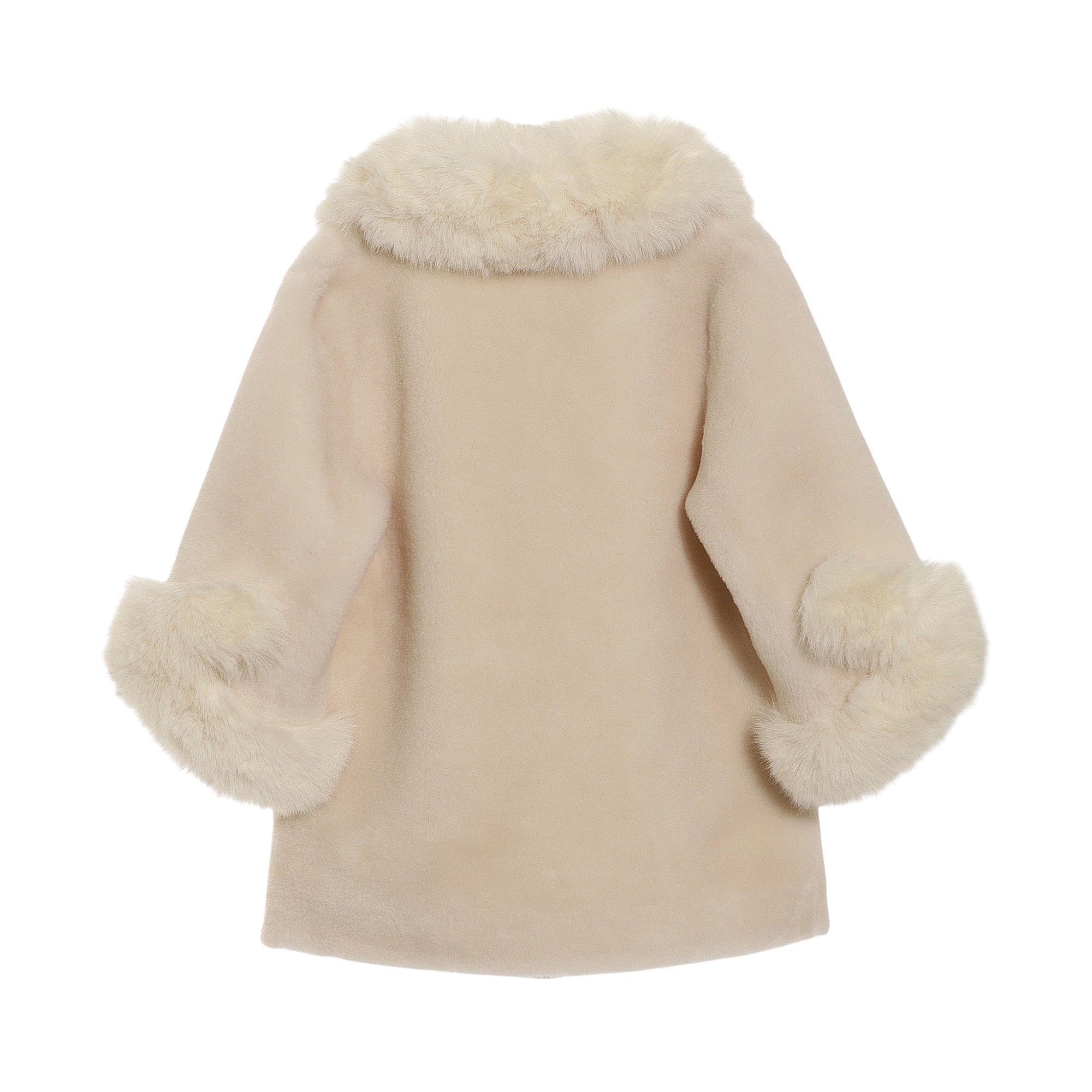 Cream jacket with a soft textured body, a wide faux fur collar, and wide faux fur cuffs on 3/4 sleeves.
