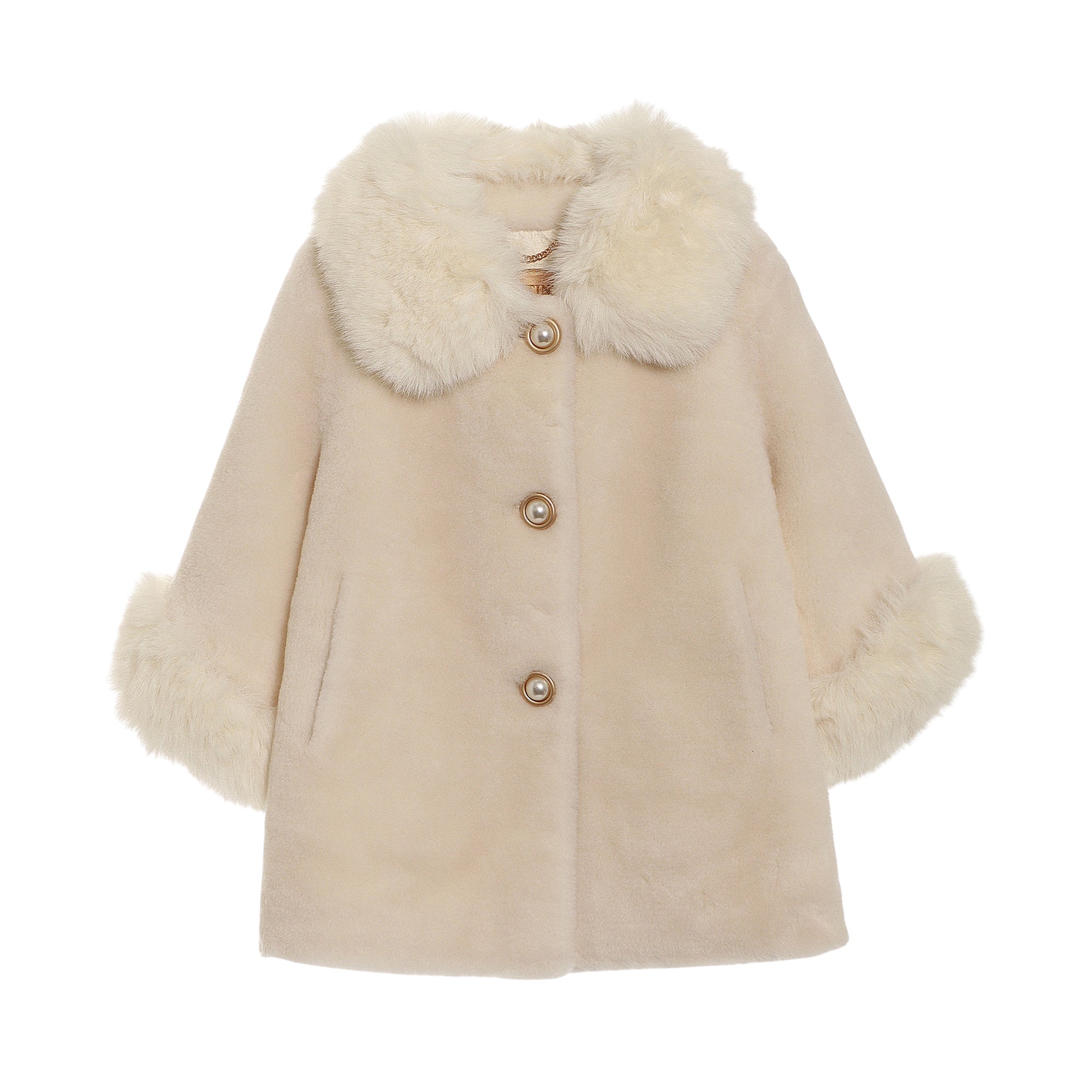 White kids girl faux fur jacket with a large rounded faux fur collar, faux fur cuffs, and three pearl-effect buttons.