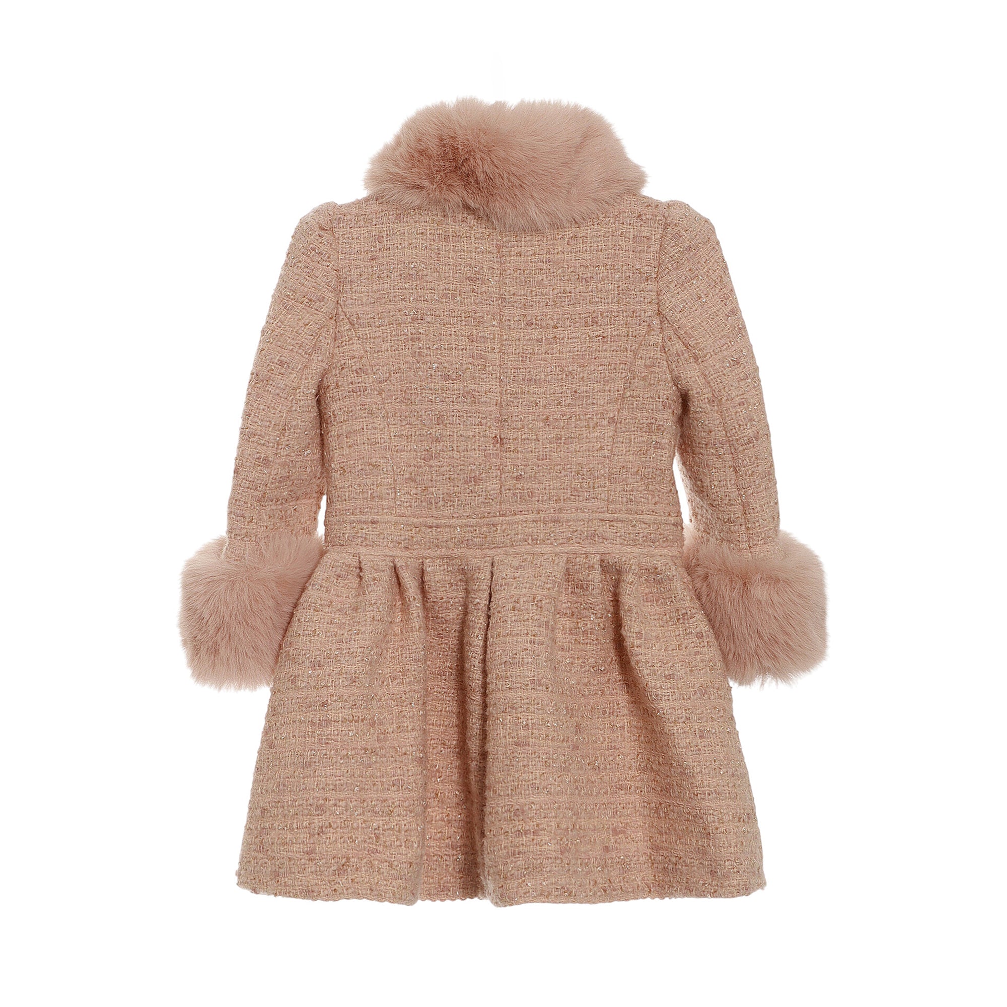 Pink tweed jacket with faux fur collar and cuffs. Features a gathered peplum waist. Back view.