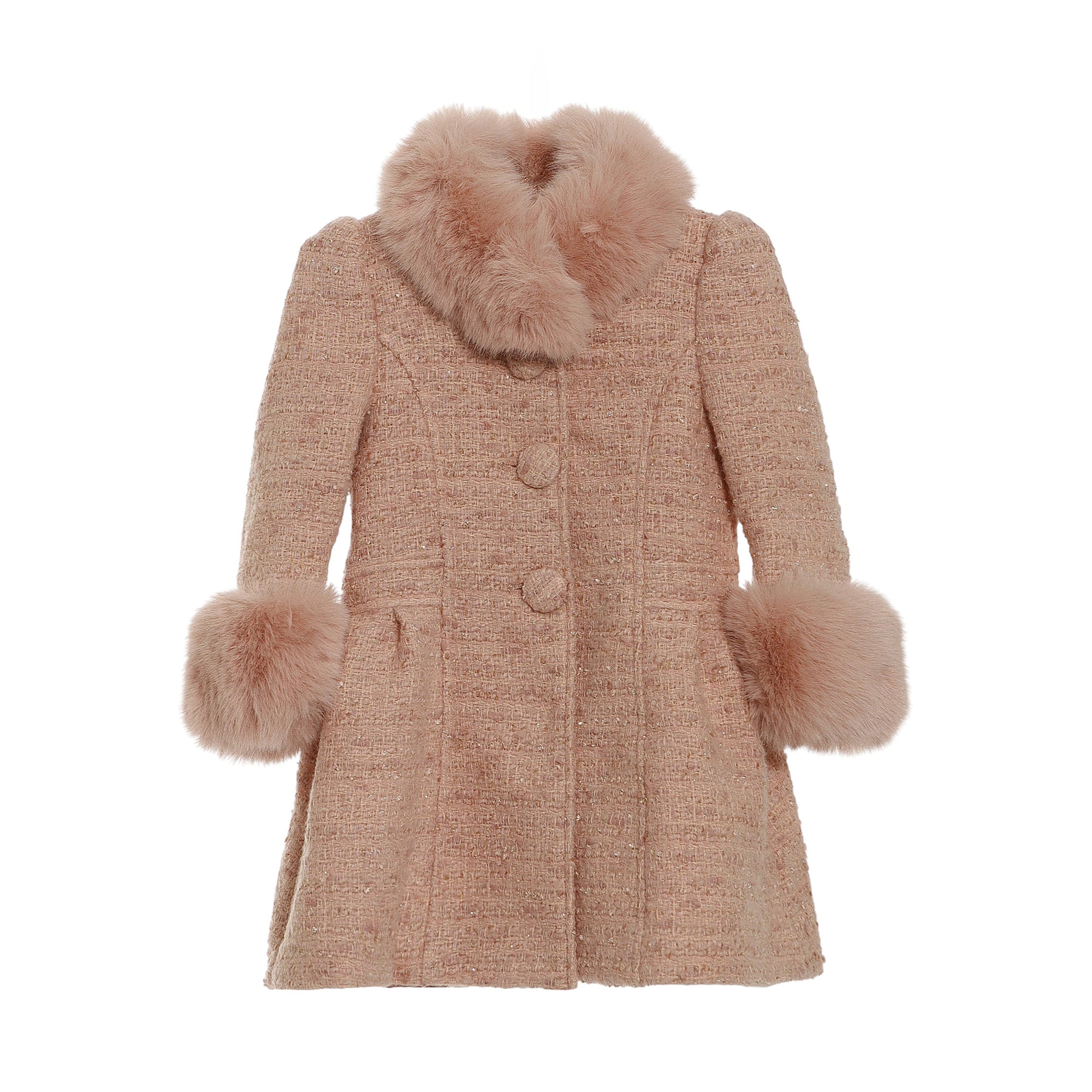 Pink kids A-line jacket with textured woven fabric, plush pink faux fur collar, and matching faux fur cuffs, featuring large