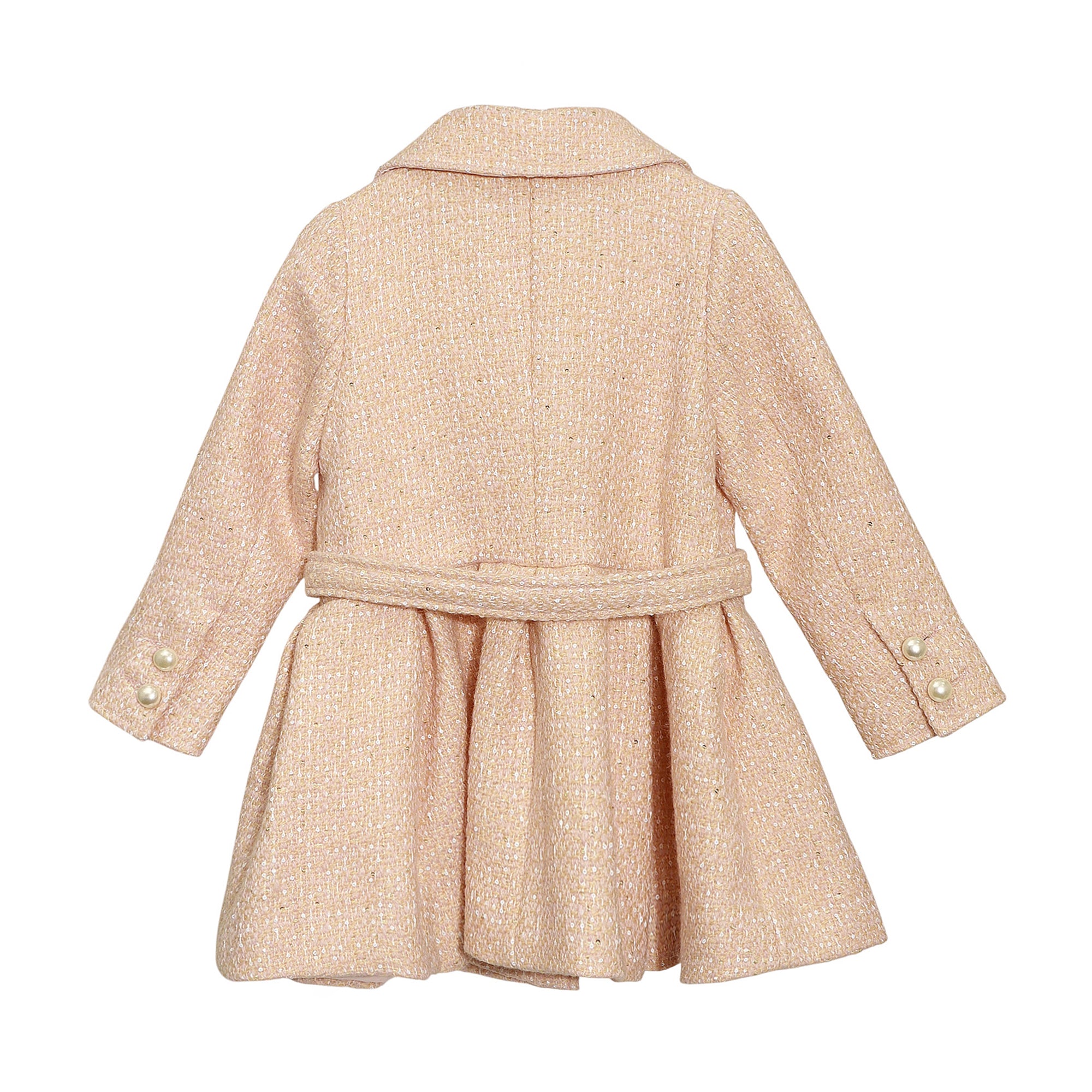 Back view of a light pink tweed jacket with a collar, long sleeves, two pearl buttons on each cuff, a matching belt, and a fl