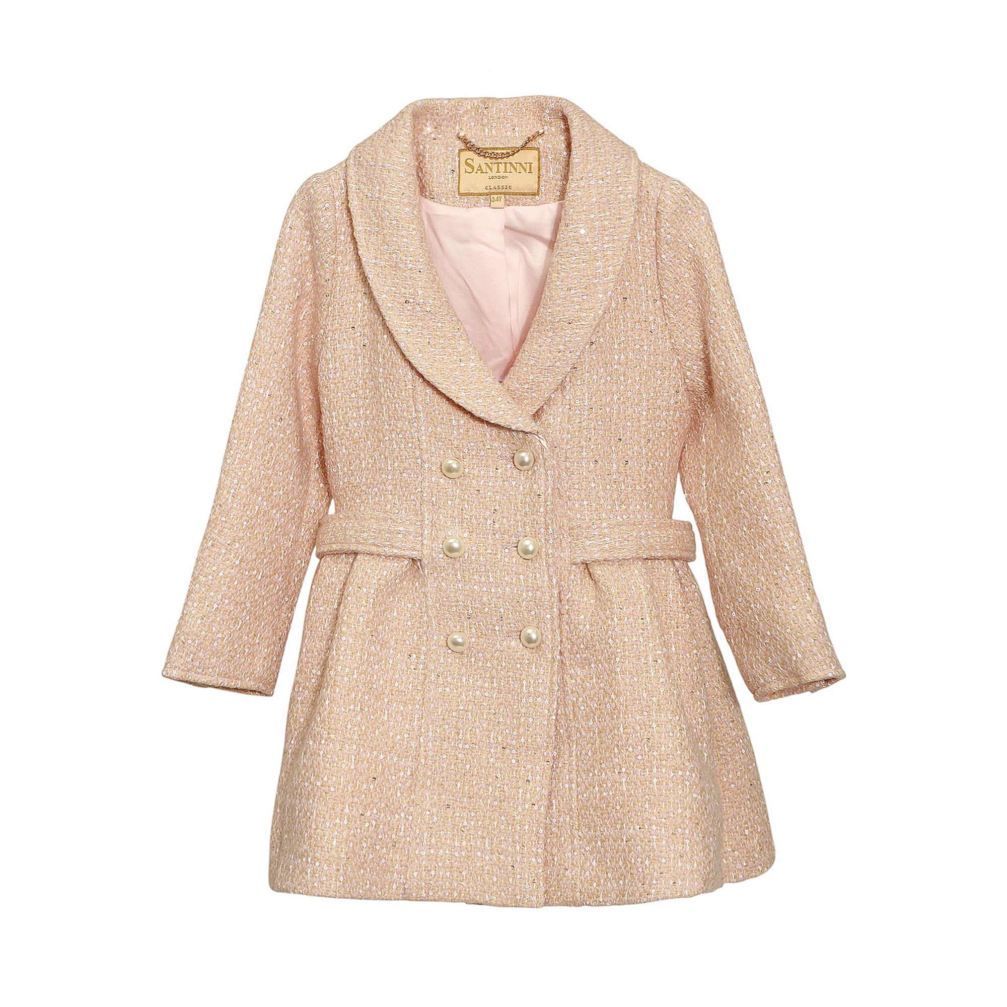 Light pink double-breasted kids jacket with a textured tweed fabric, shawl collar, and pearl-effect buttons.