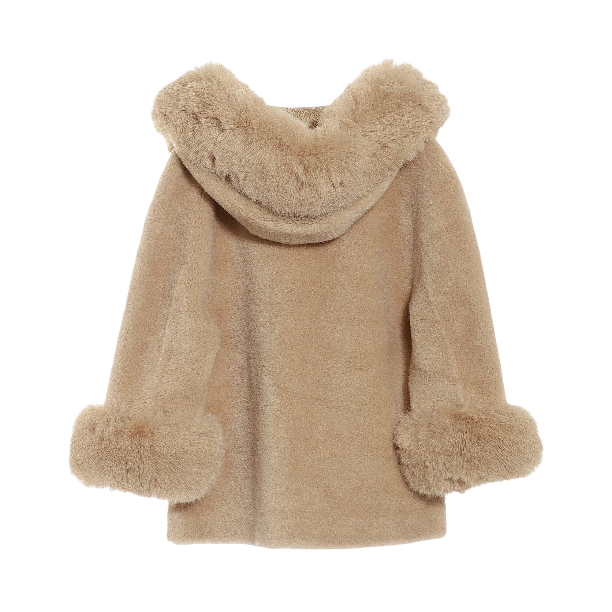 Camel plush jacket with a faux fur-trimmed hood and wide, rolled faux fur cuffs on 3/4 sleeves.