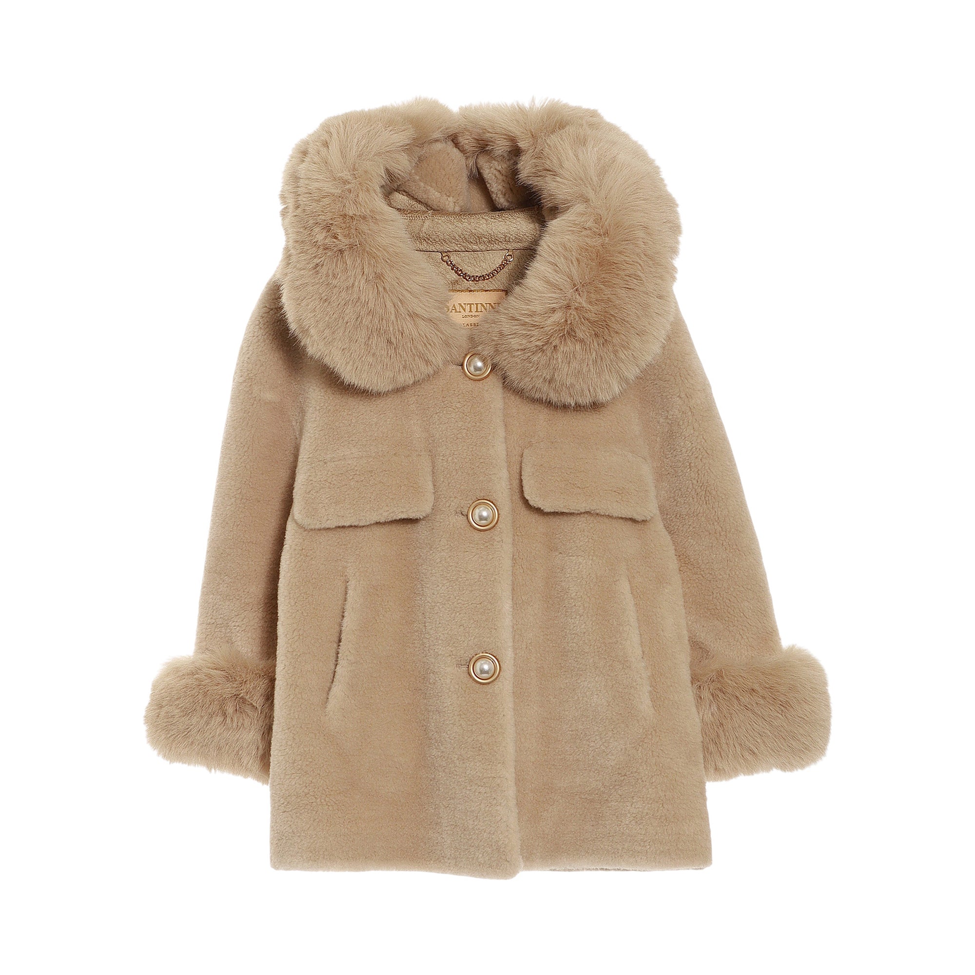 Camel faux fur kids' jacket with a large faux fur collar, wide faux fur cuffs, and gold-toned pearl-like button closures.