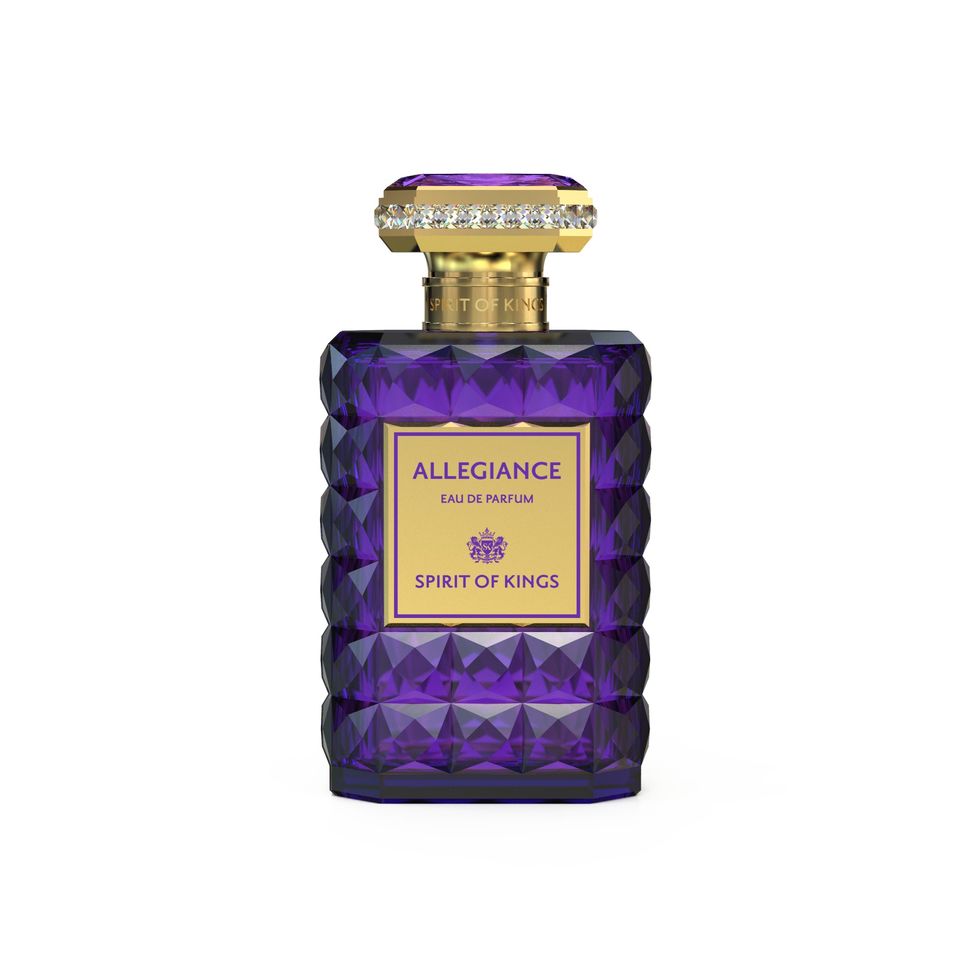 Purple faceted glass perfume bottle with a gold-toned label and a gold-toned cap embellished with clear stones.