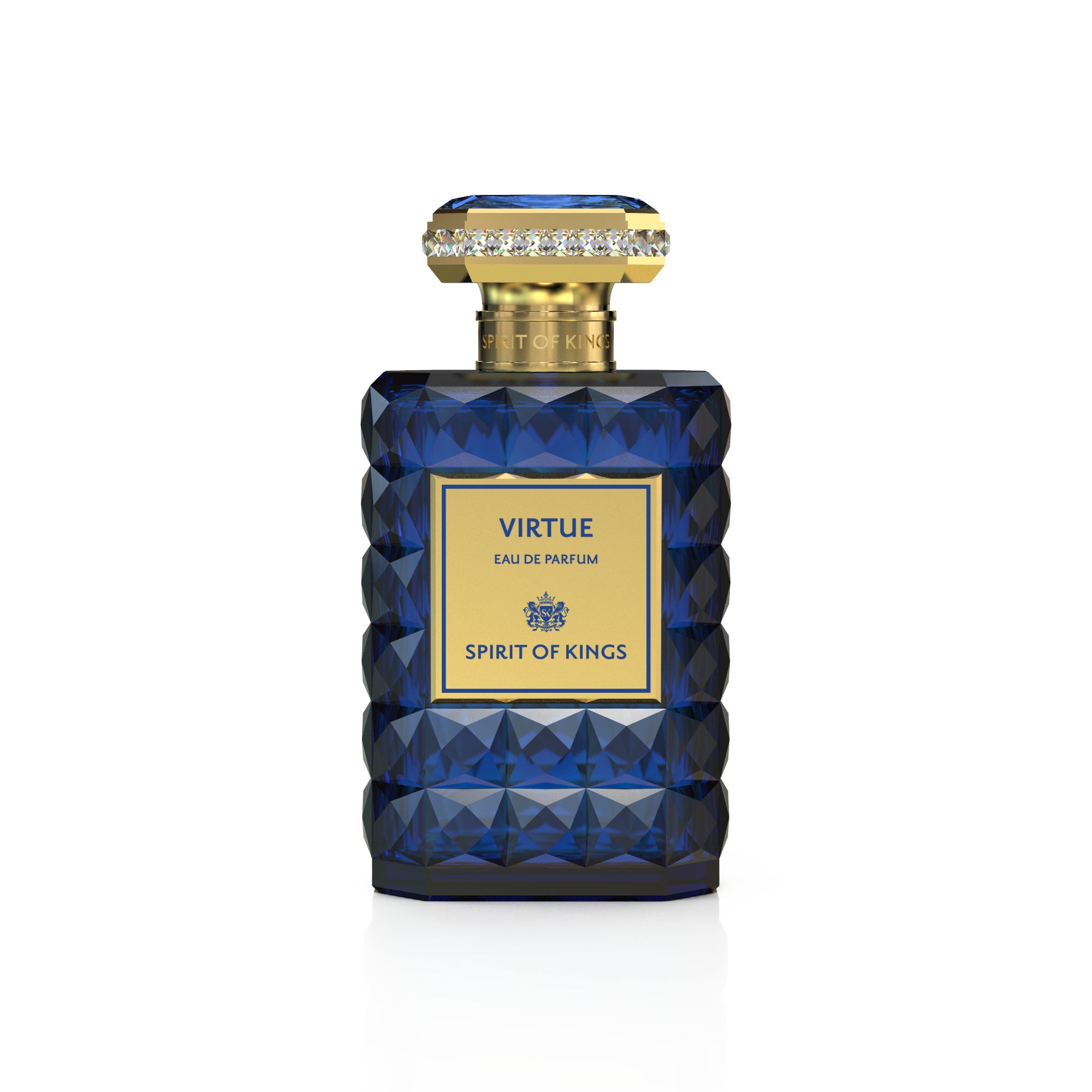 Deep blue faceted glass bottle of The Spirit Of Kings Virtue Eau De Parfum, with a gold-toned cap and clear crystal embellish