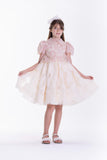 Pink floral lace bodice dress with a cream textured full skirt and short puffed sleeves.