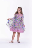 Purple kids' dress with sheer long sleeves, round neckline, and a full skirt featuring floral and butterfly embroidery.