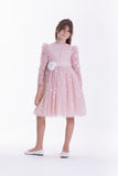 Pink long-sleeved kids' dress with silver floral embellishments, a white waist sash, and a large white flower appliqué.