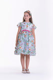 Light blue short-sleeved kids' dress with pink waist bow, embroidered floral patterns, and 3D butterfly appliqués.