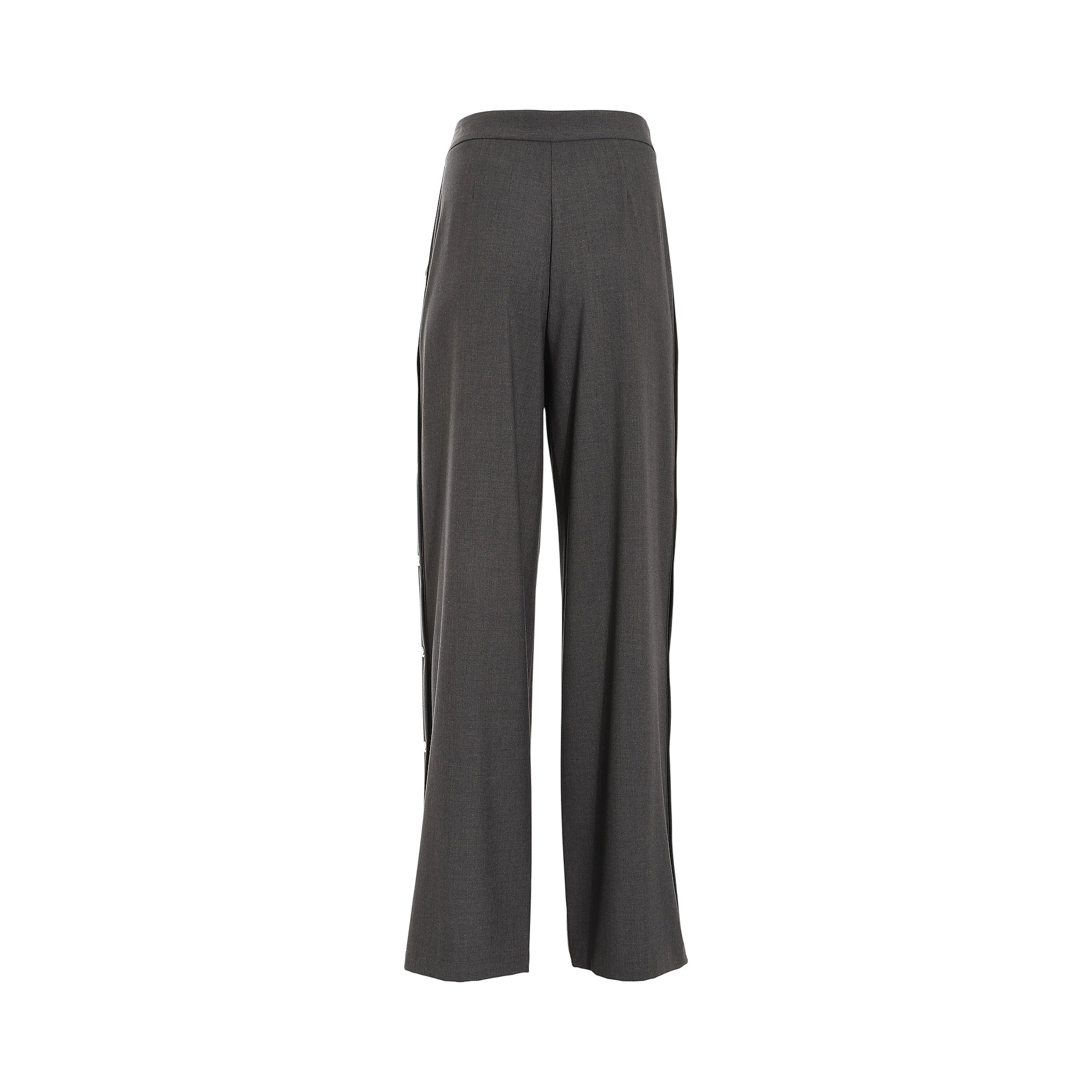 Dark grey melange wide-leg pants. Each outer leg seam has a dark stripe. The left leg features several small, light-colored b