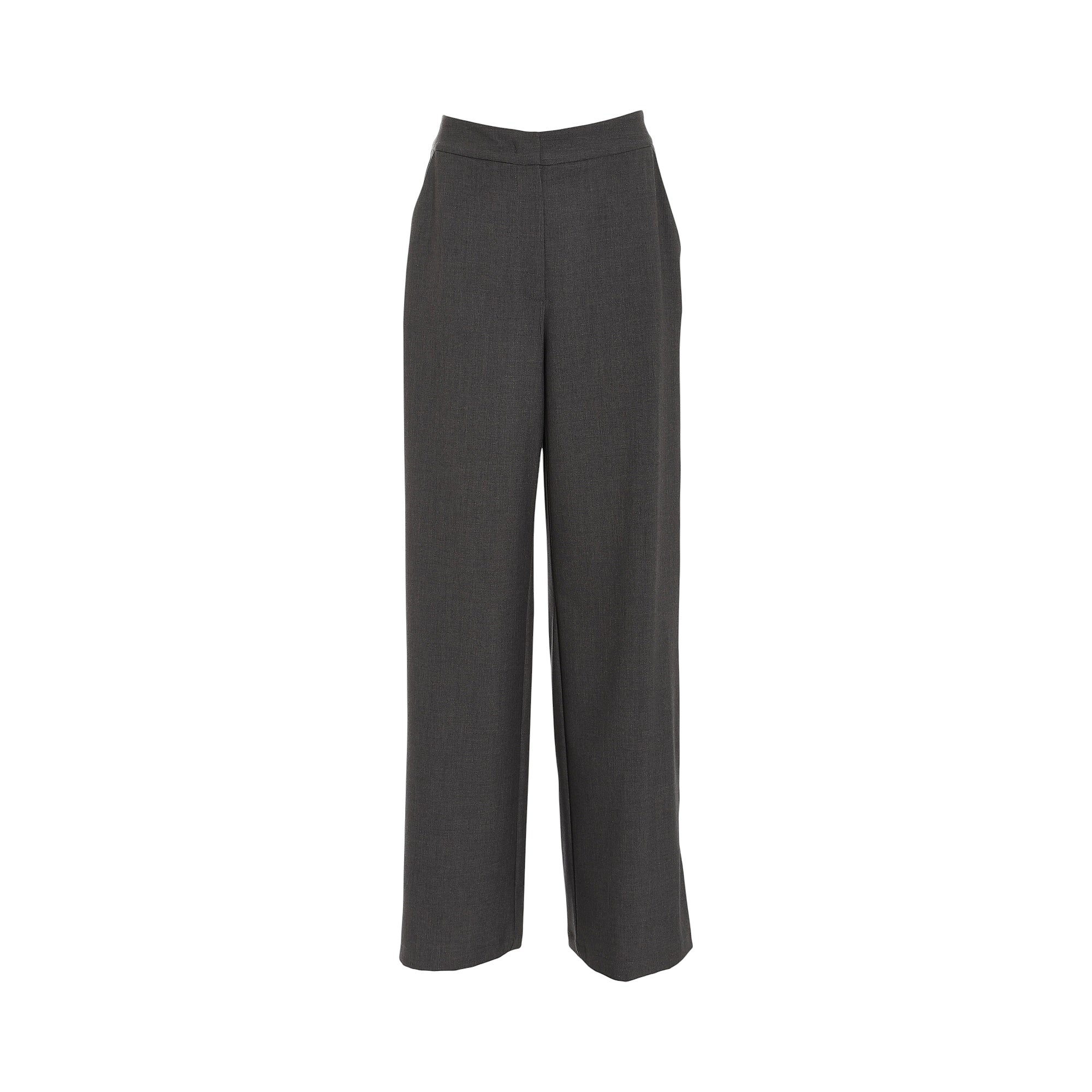 Dark grey high-waisted straight leg trousers with a flat front, subtle melange texture, and discreet side pockets.