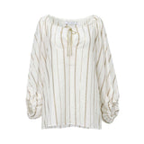 Simona Corsellini White & Gold Striped Blouse with Tie Neck & Puff Sleeves