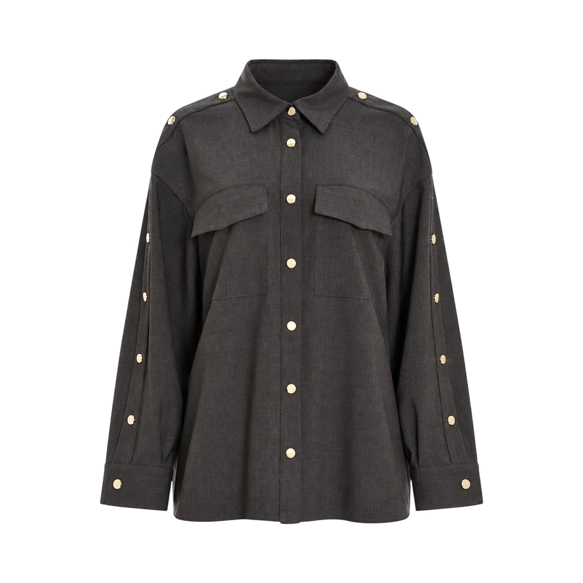 Dark grey long-sleeved shirt with a collar, gold-toned buttons, chest flap pockets, and shoulder epaulettes.