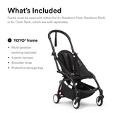Black Stokke YOYO3 stroller frame with black fabric seat, 5-point harness, handlebar, under-seat storage, and white wheels.