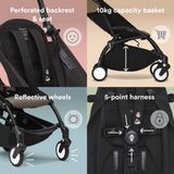 Black stroller frame with perforated mesh backrest, 10kg capacity basket, reflective white-rimmed wheels, and a 5-point harne