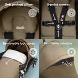 Toffee newborn pack with padded headrest, black 5-point harness, removable foot cover with white fluffy lining, and canopy wi