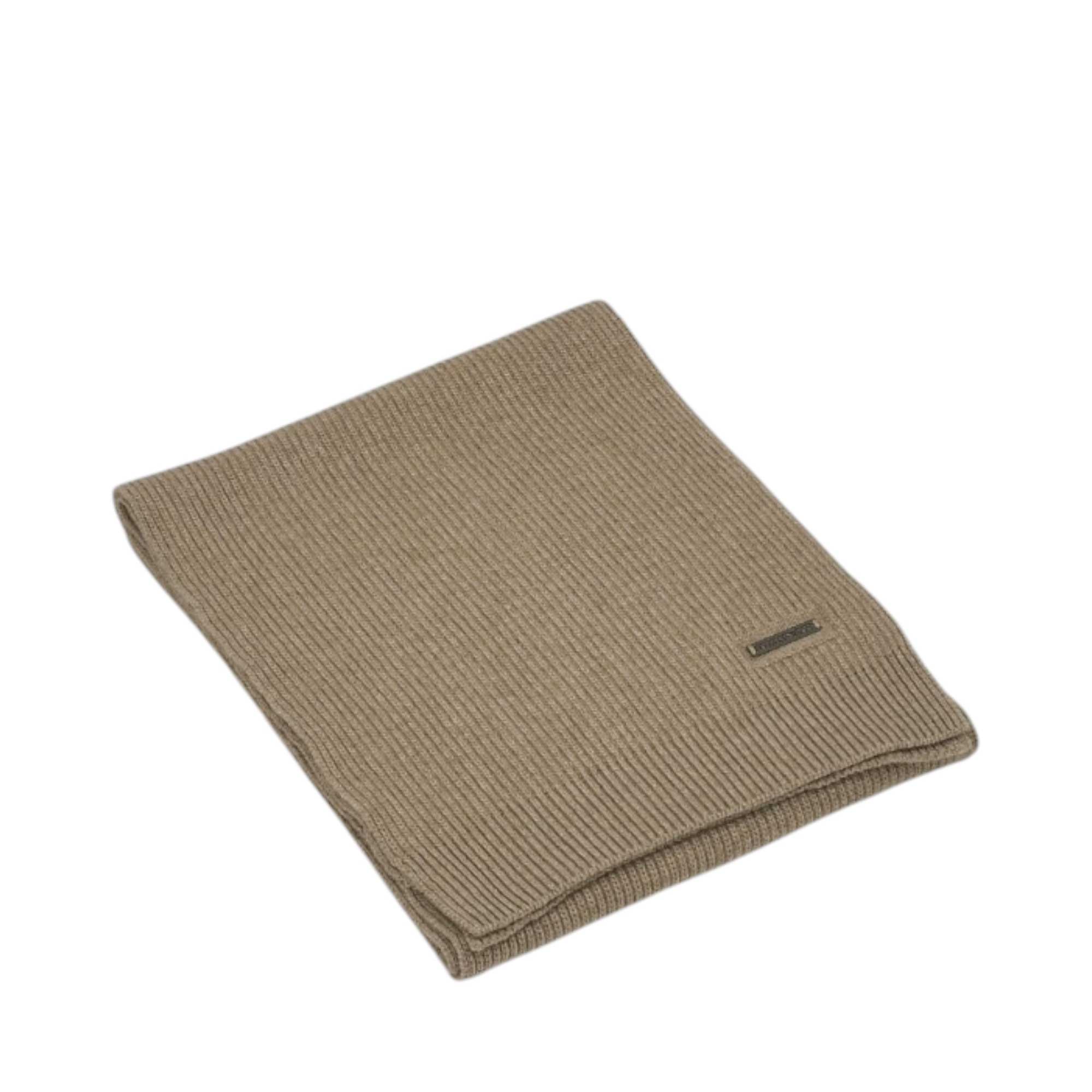 Beige ribbed knit scarf, folded, with a small dark rectangular brand tag near one end.