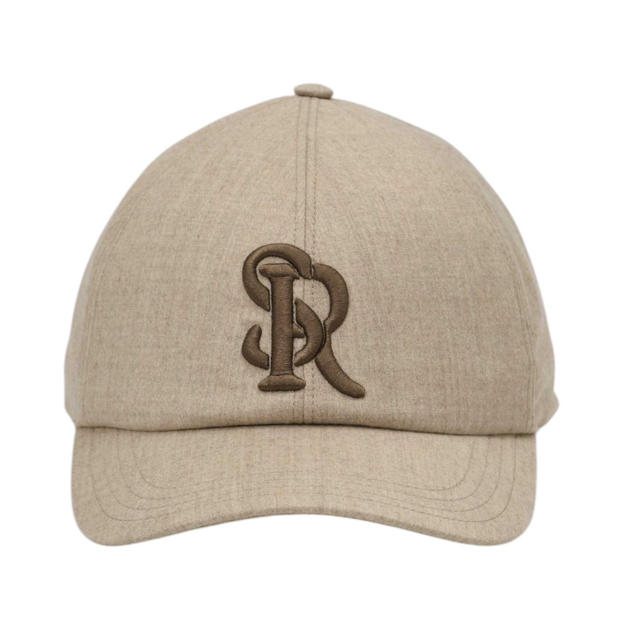 Light brown baseball cap with a curved brim and a prominent dark brown embroidered 'SR' monogram logo on the front.