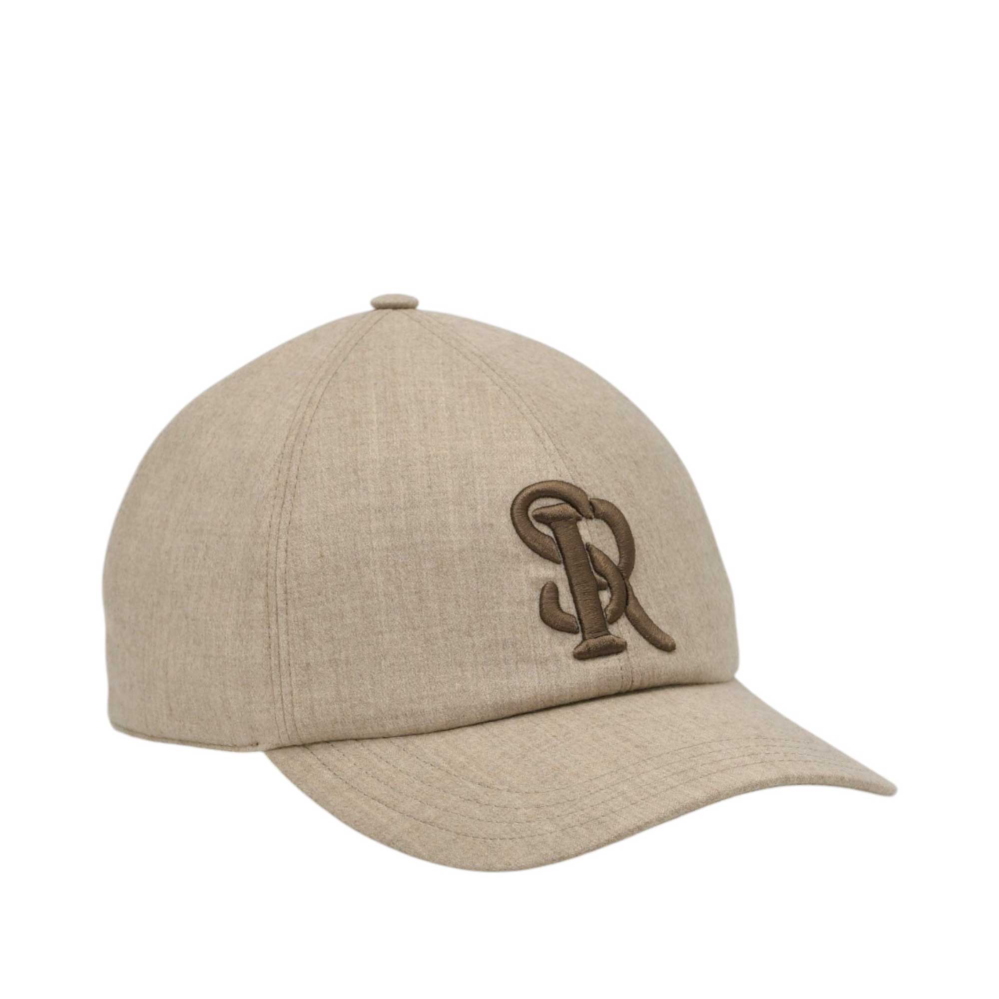Beige baseball cap with a textured fabric. Features a curved brim and an embroidered dark brown intertwined 'SR' logo on the