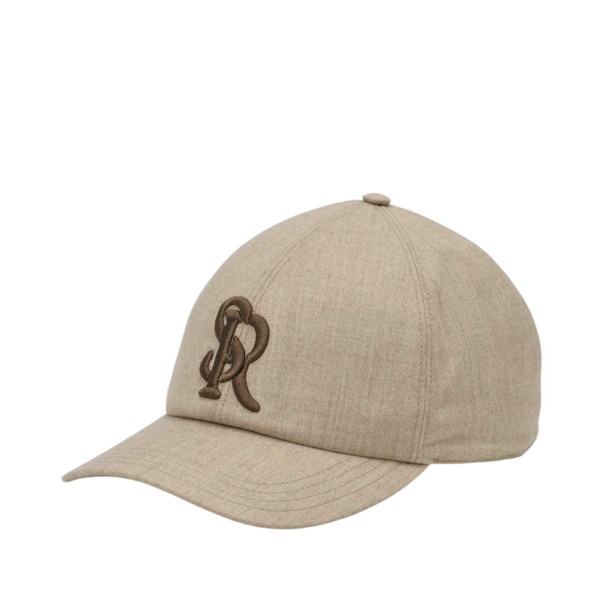 Beige heathered baseball cap with a brown embroidered interlocking script logo on the front.