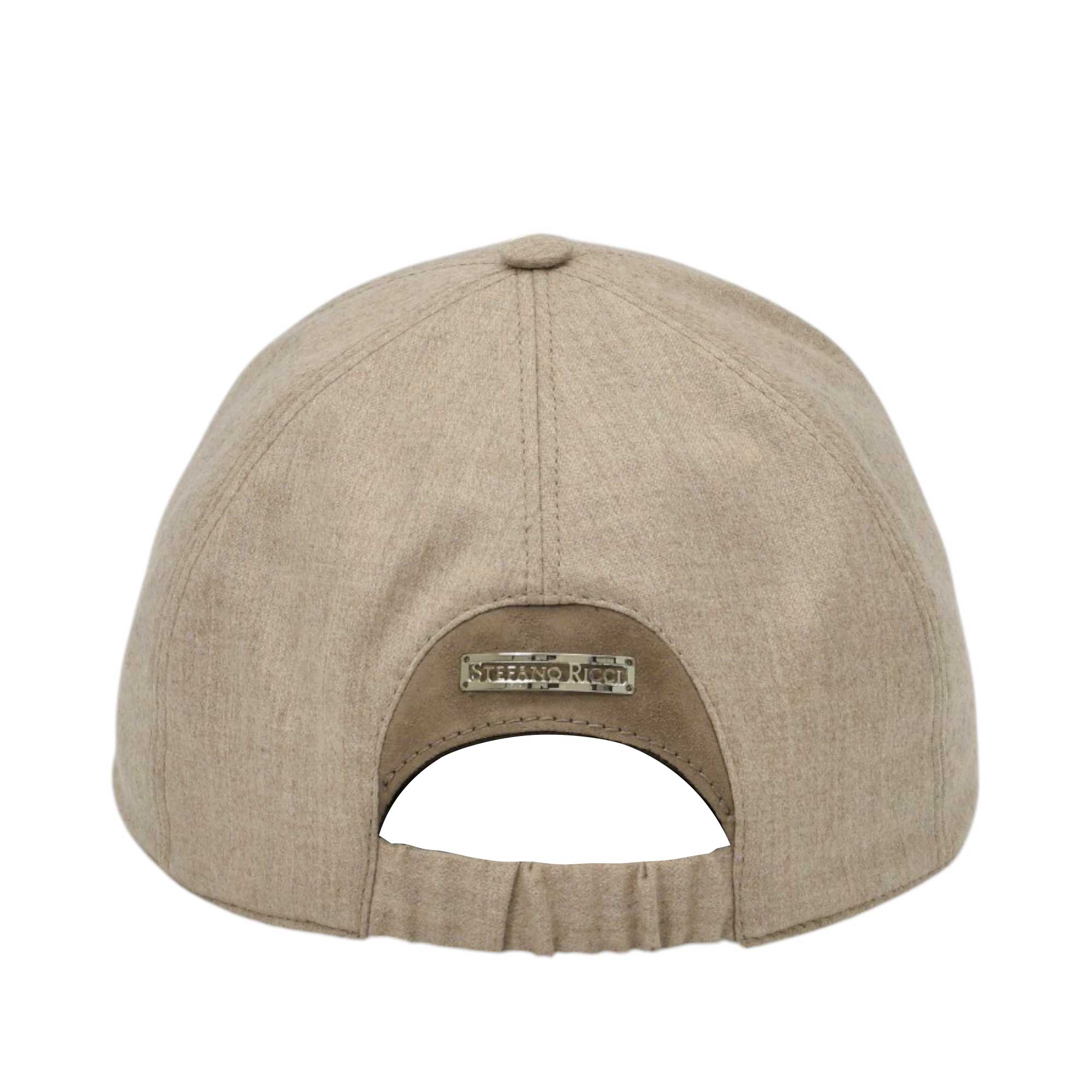 Beige baseball cap with a silver-toned 'STEFANO RICCI' plaque on a suede back panel and an elasticated strap.